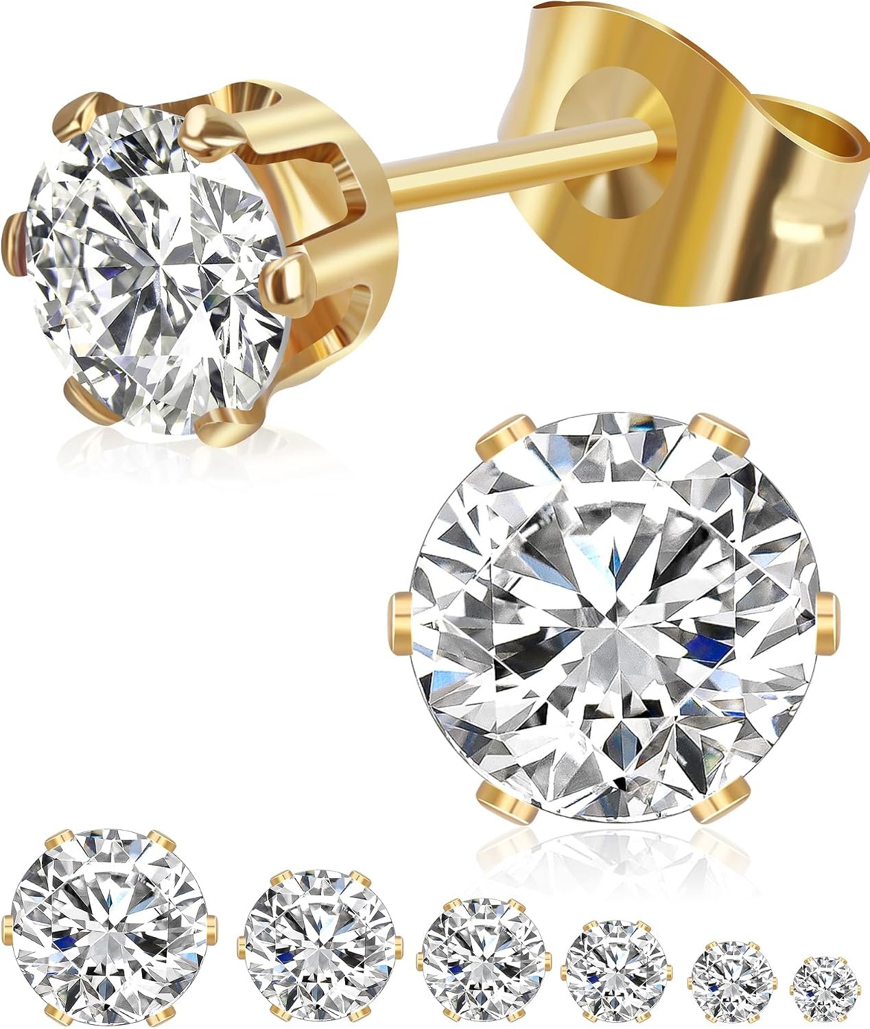 6 Pairs Stud Earrings Set, Hypoallergenic Cubic Zirconia Earrings, Silver 14K Gold Plated 316L Stainless Steel CZ Earring for Women Men 3-8mm