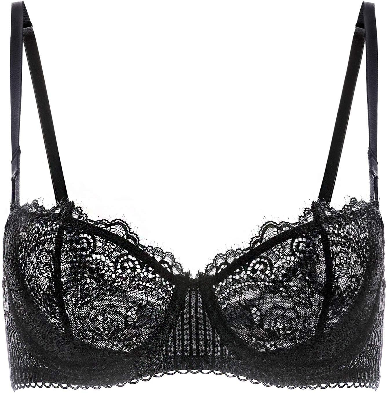 DOBREVA Women’s Sexy Lace Push Up Plus Size Bra Sheer Balconette Underwire Unlined