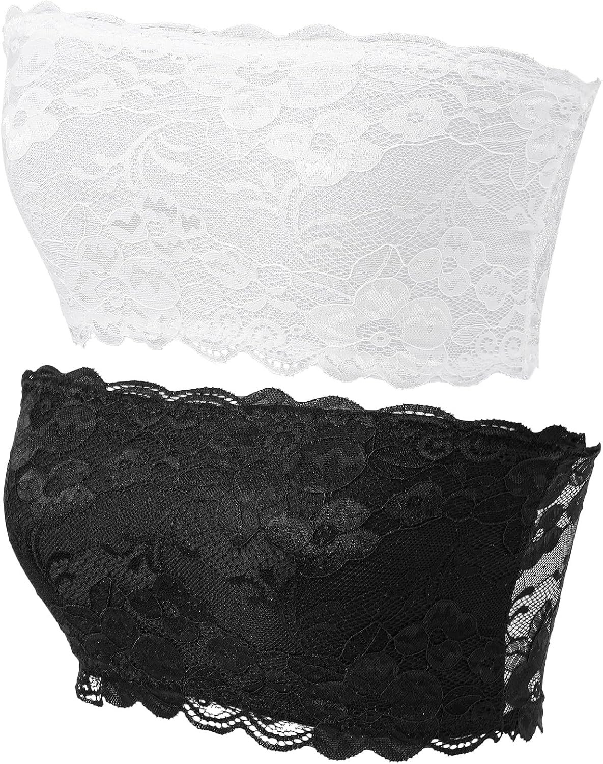 Nogeqi 2 Pcs Lace Tube Top Bra, Strapless Lace Bandeau Bra, Strapless Bralette, Cleavage Cover Up for Low Neckline, Modesty Panel Cleavage Cover for Women A/B Cup (White, Black)
