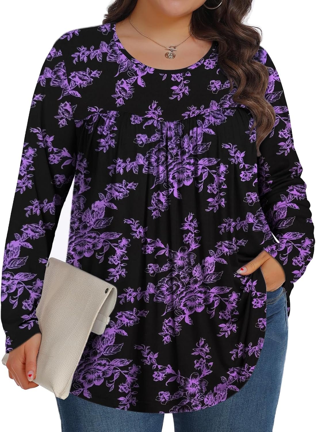 Tencede Plus Size Tops for Women Fall Long Sleeve Shirts Crew Neck Casual Loose Tunic Blouse 1XL-5XL