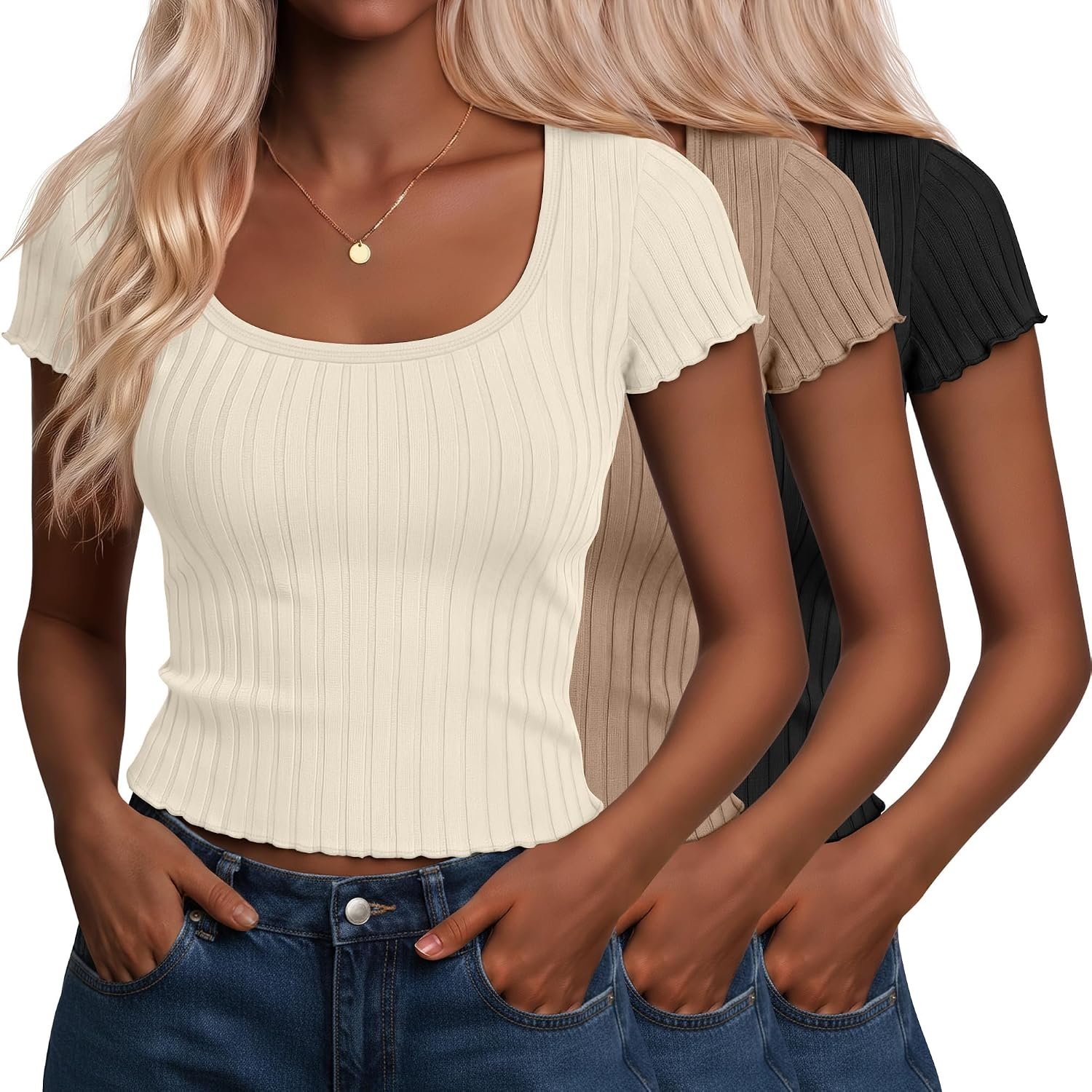 3 Pack Womens Crop Tops Short Sleeve Cotton Scoop Neck Ribbed Cropped T Shirts Summer Slim Fitted Basic Tops