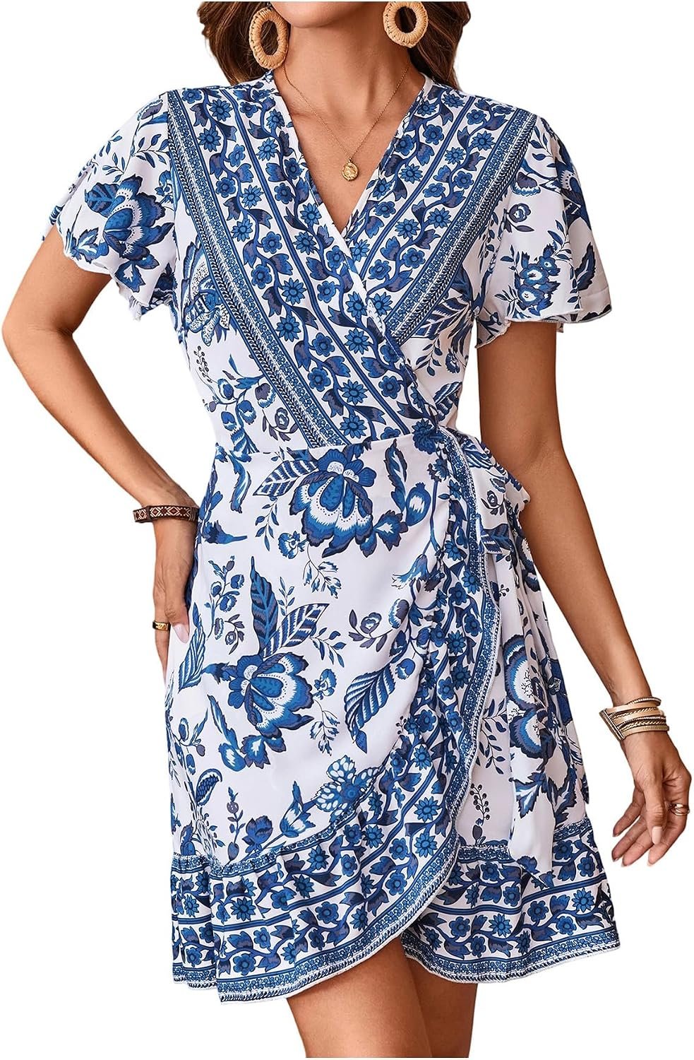 WDIRARA Women’s Summer Casual Boho Floral Print Short Sleeve Wrap V Neck Ruffle Hem A Line Dress
