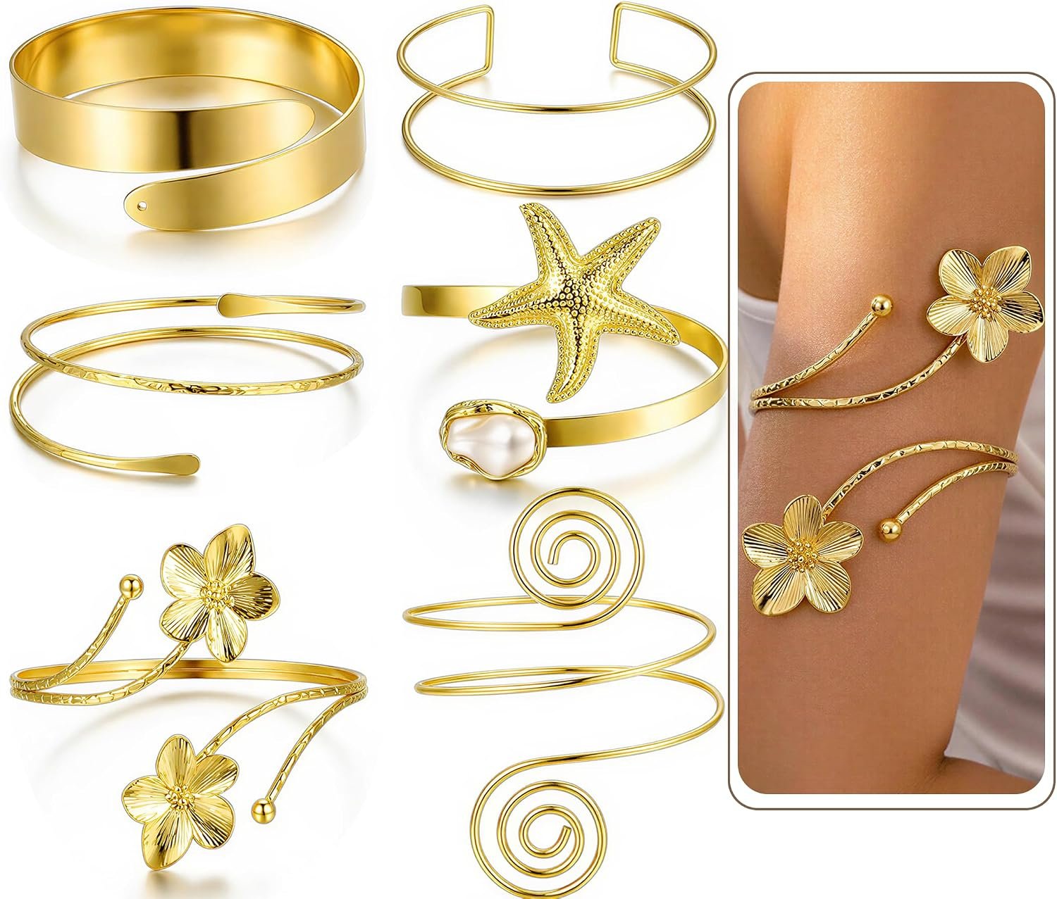 6PCS Gold Arm Cuff Jewelry for Women, Boho Statement Gold Upper Arm Bracelet Bangle, Open Adjustable Cuff Bracelet set Stackable Jewelry