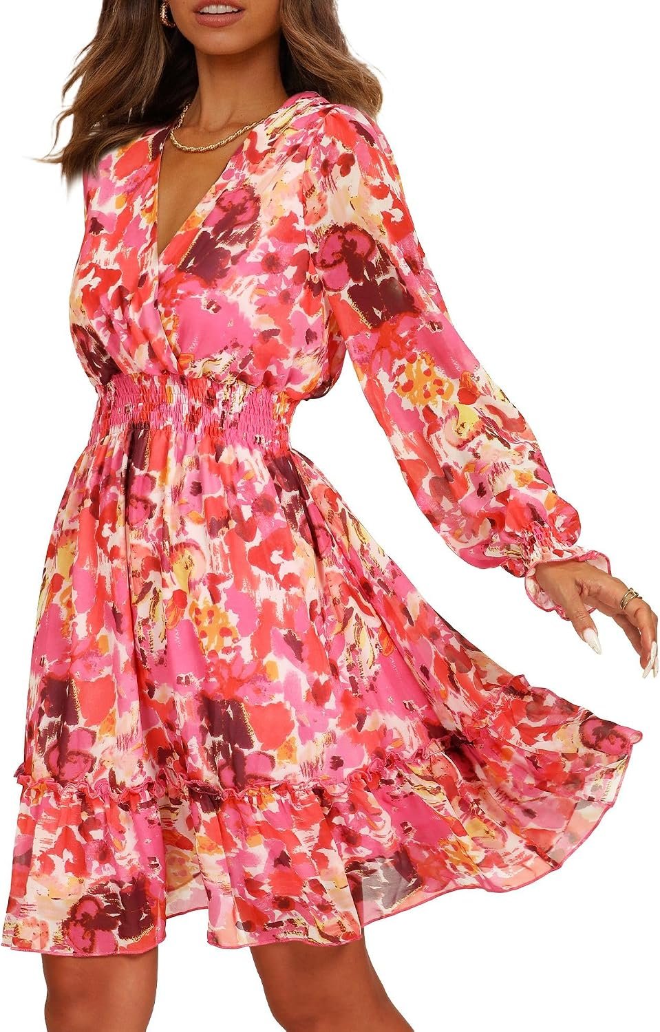 Prettywear Women’s Floral Chiffon Long Sleeve Mini Dress Flowy A-Line Wrap Neck Tie Back Short Dress