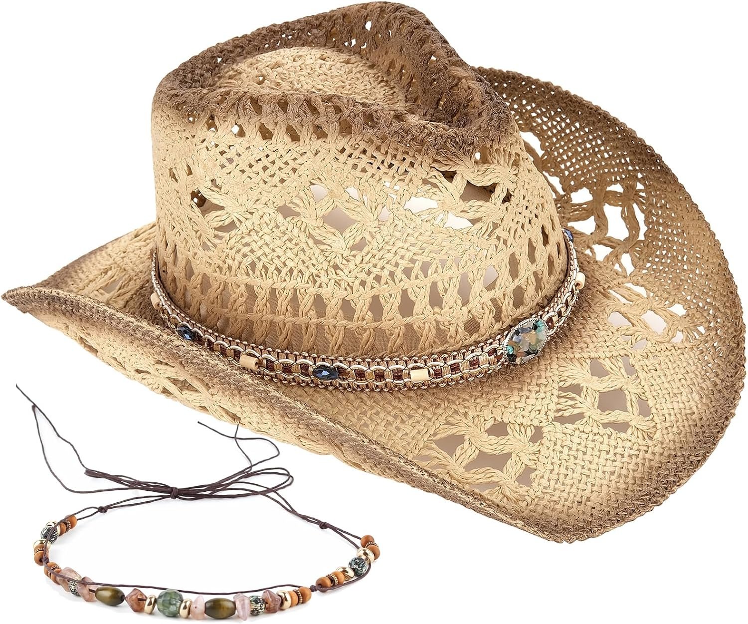 Foeran Men’s Women’s Straw Cowboy Hat Cowgirl Woven Sun Hat Western Cowboy Hat Two Decorative Bands