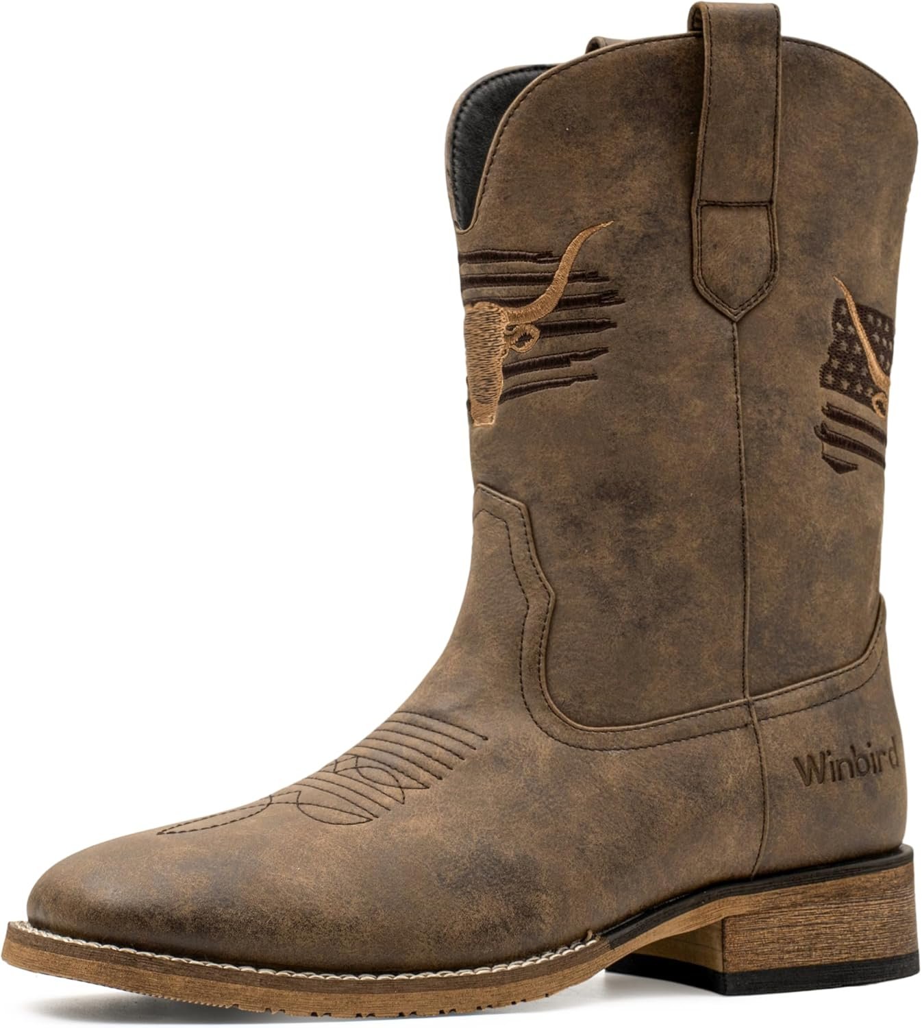 Winbird Cowboy Boots For Men Square Toe Western Men’s Boots Vegan/Genuine Leather with Classic Patriot Pull On Boot, Slip Resistant Country Boots Chunky Heel Short Boots for Spring Fall