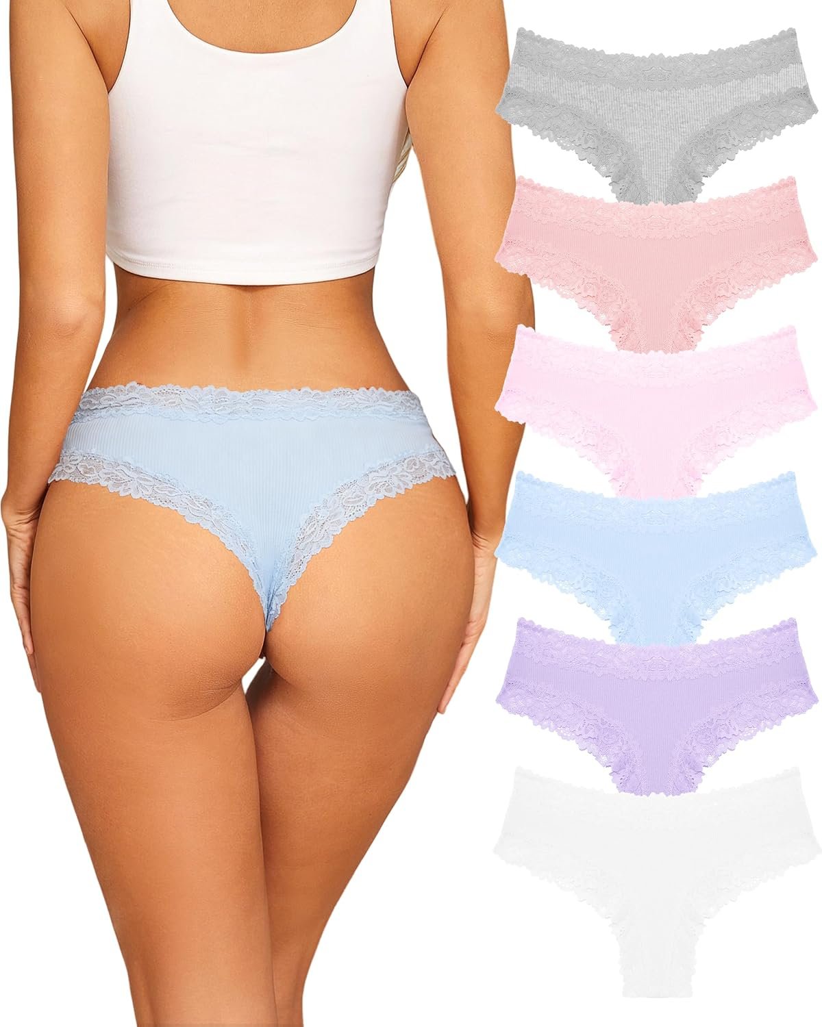 Sth Big Womens Cotton Underwear Sexy Lace Brazilian Panties Soft Breathable Cotton Bikini for Ladies 6 Pack