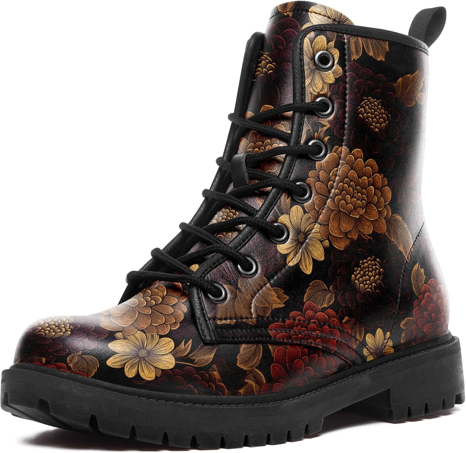 Retro Floral Combat Boots for Women, Comfortable Vintage Flower Print Lace-Up Ankle Boots Platform Booties