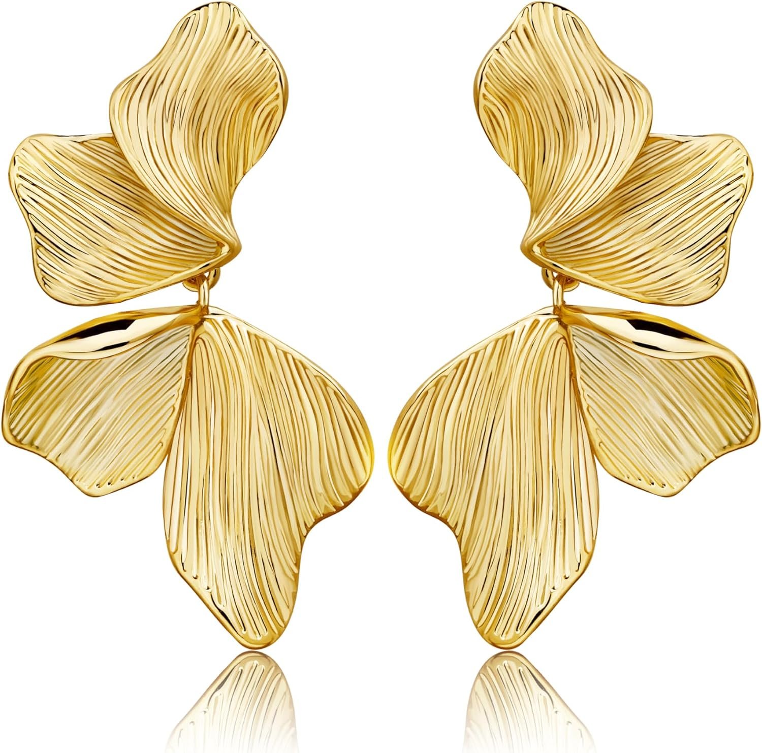 Gold Statement Earrings For Women 18K Gold Plated Sectored Flower Leaf Shell Angel Wing Earring Large Stud Earrings Hypoallergenic Stud