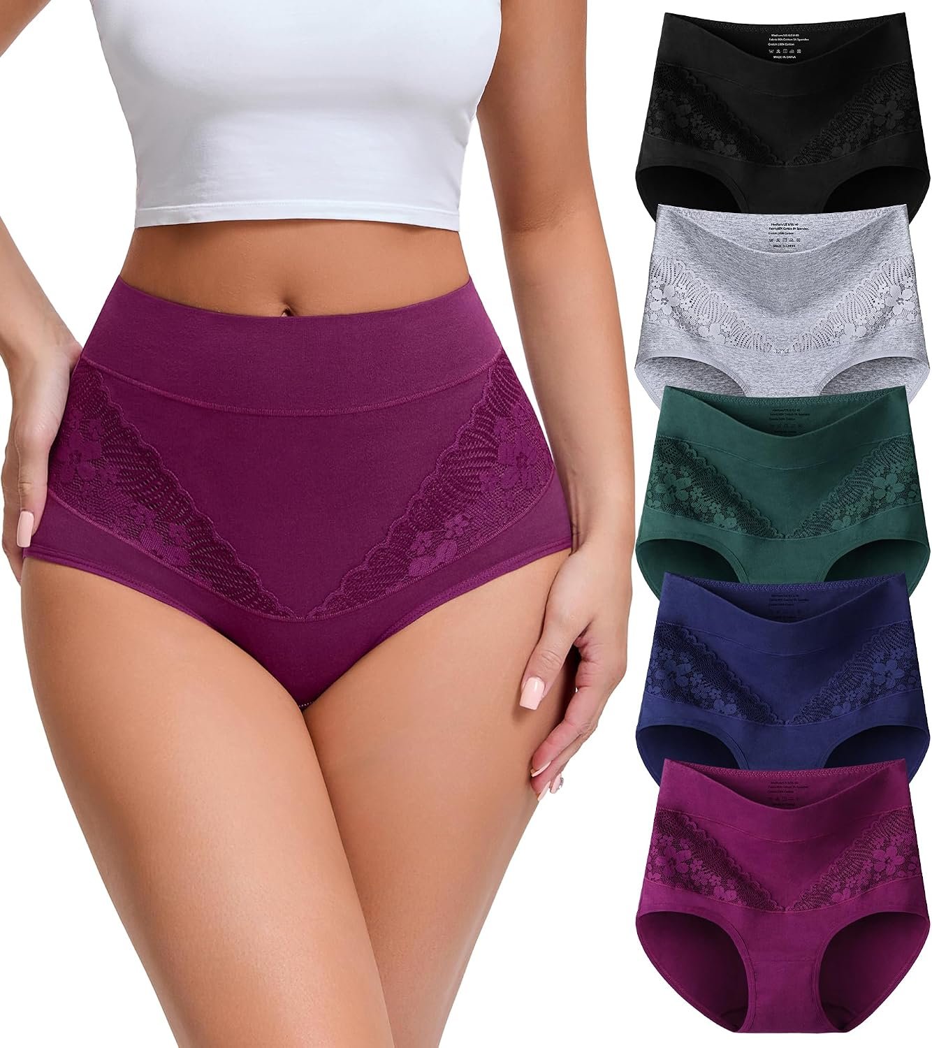 Womens Cotton High Waisted Underwear Comfort Panties 5 Pack Briefs