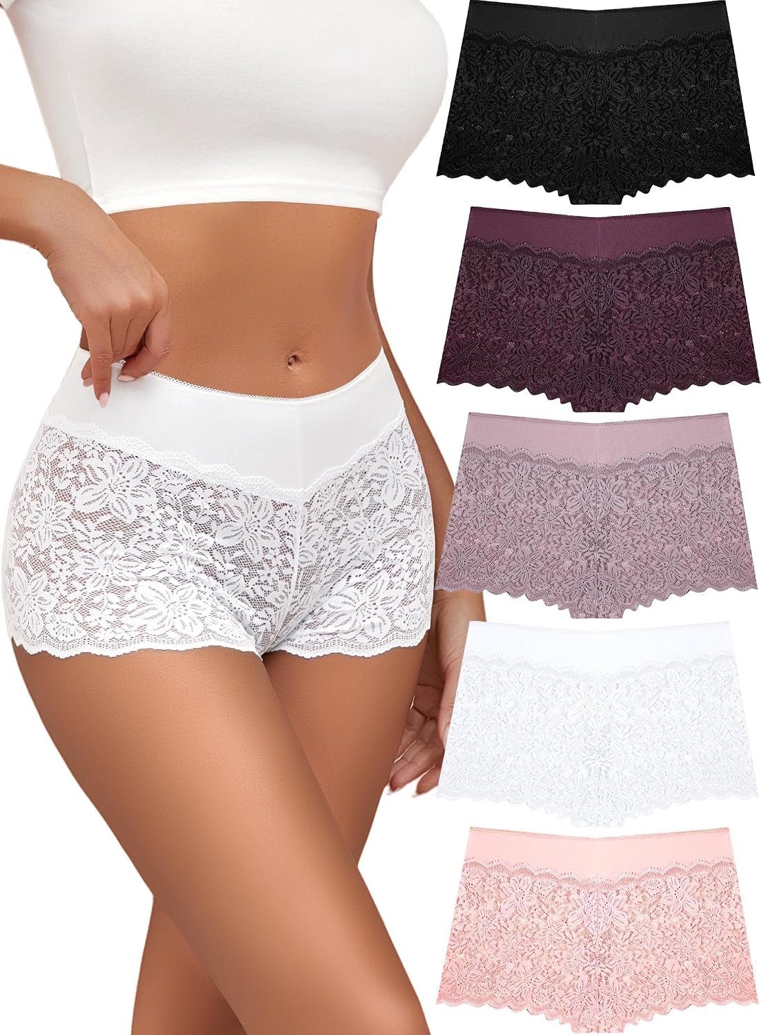 ALL OF SHE Lace Boyshort Sexy Underwear Womens Panties Cheeky Plus Size Lingerie Stretch Cotton Waistband S-3XL 5 Pack