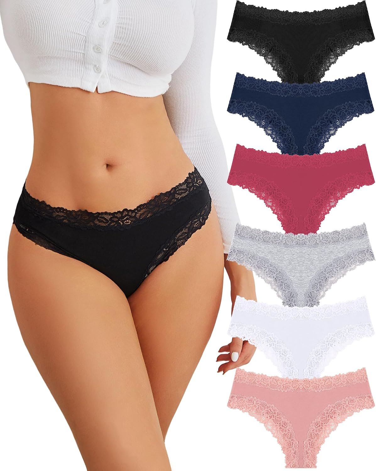 FINETOO Cotton Underwear for Women Sexy Panties Lace Hipster Low Rise Breathable Womens Cheeky 6 Pack S-XL