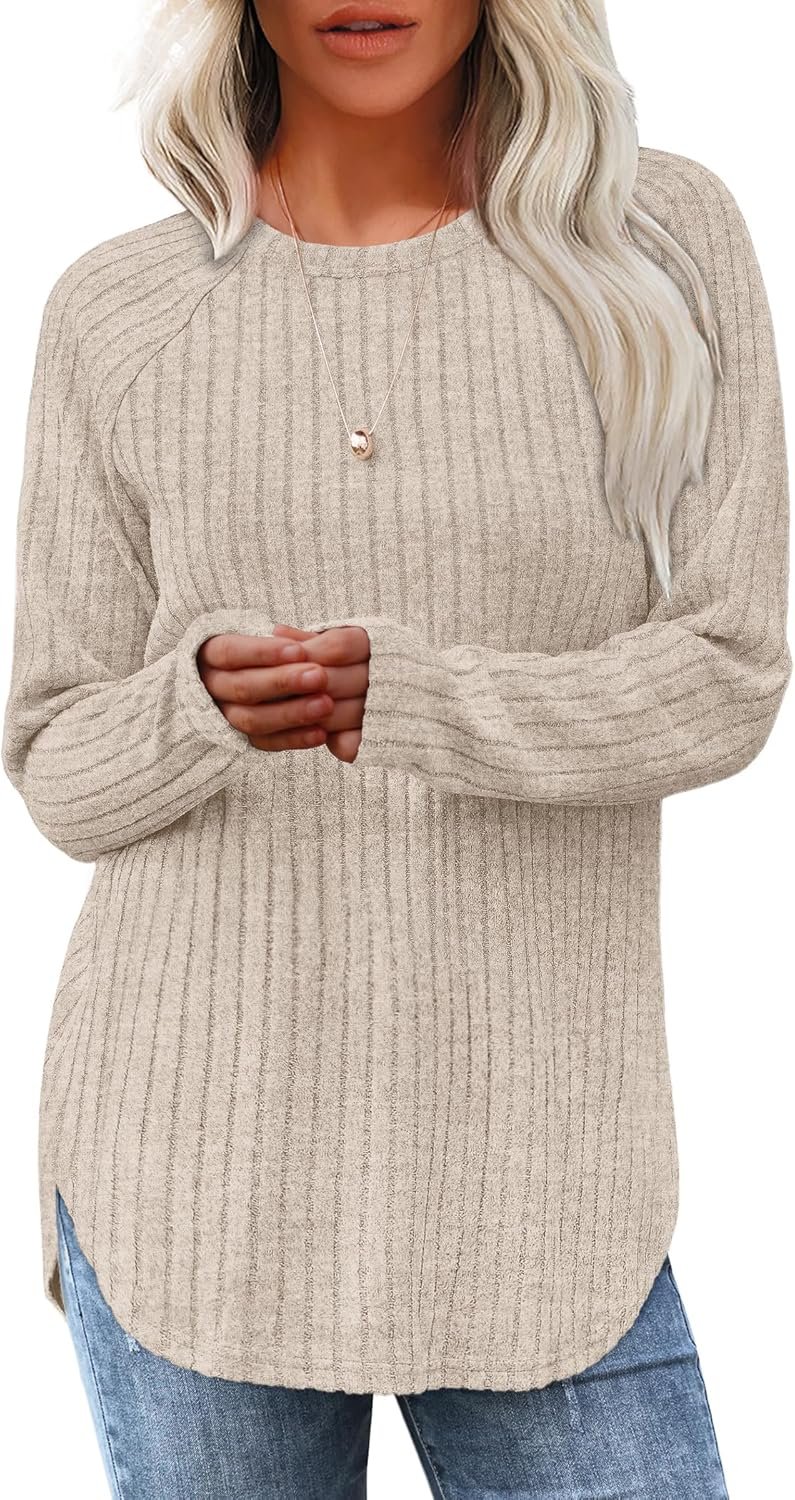 Saloogoe Long Sleeve Shirts for Women 2025 Fall Clothes Tunic Tops Loose Fit Dressy Crewneck Pullover Sweaters Curved Hem
