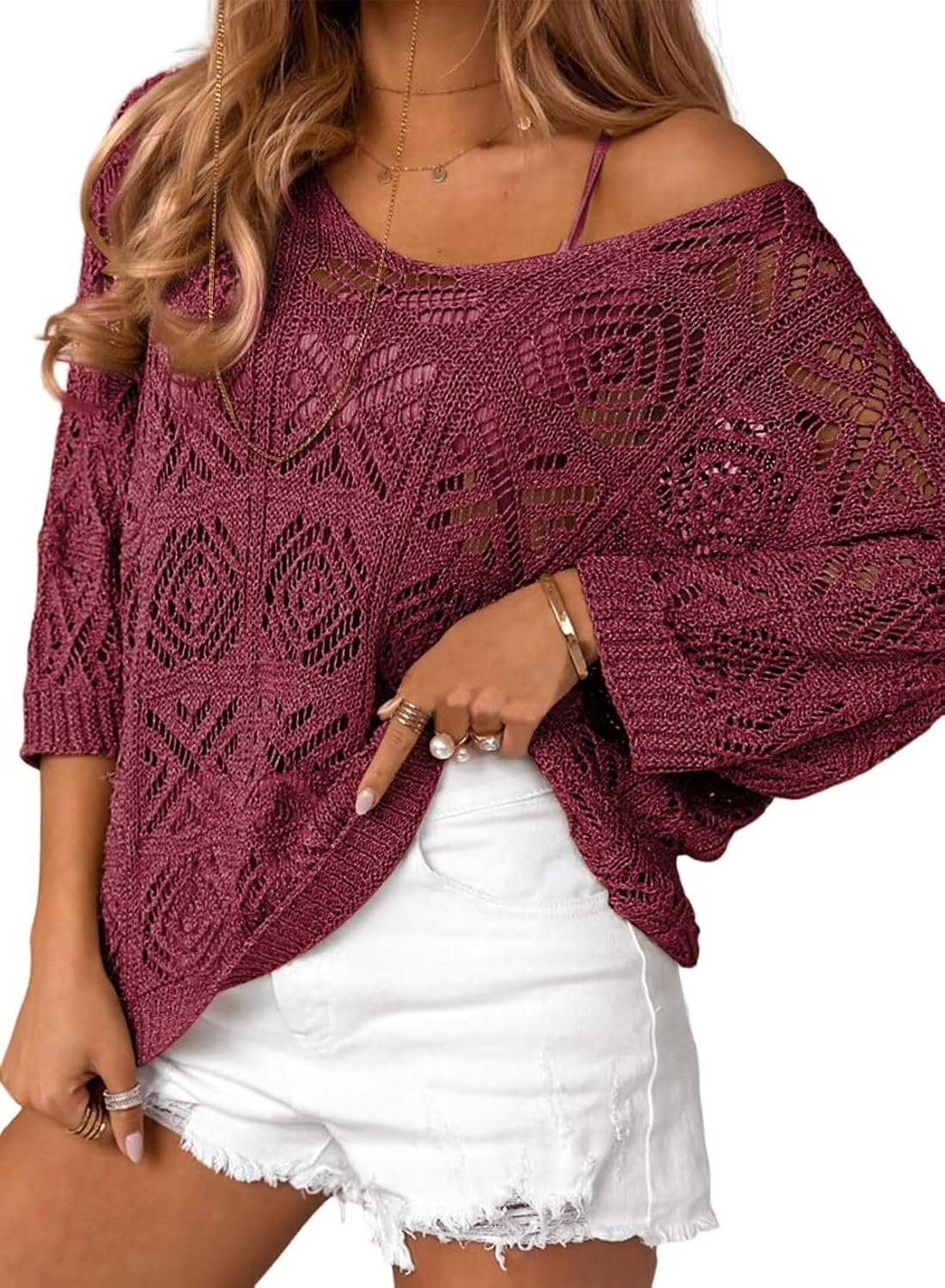 Dokotoo Women’s 2026 Spring Summer Crochet Hollow Out 3/4 Sleeve Pullover Sweater Off Shoulder T-Shirts
