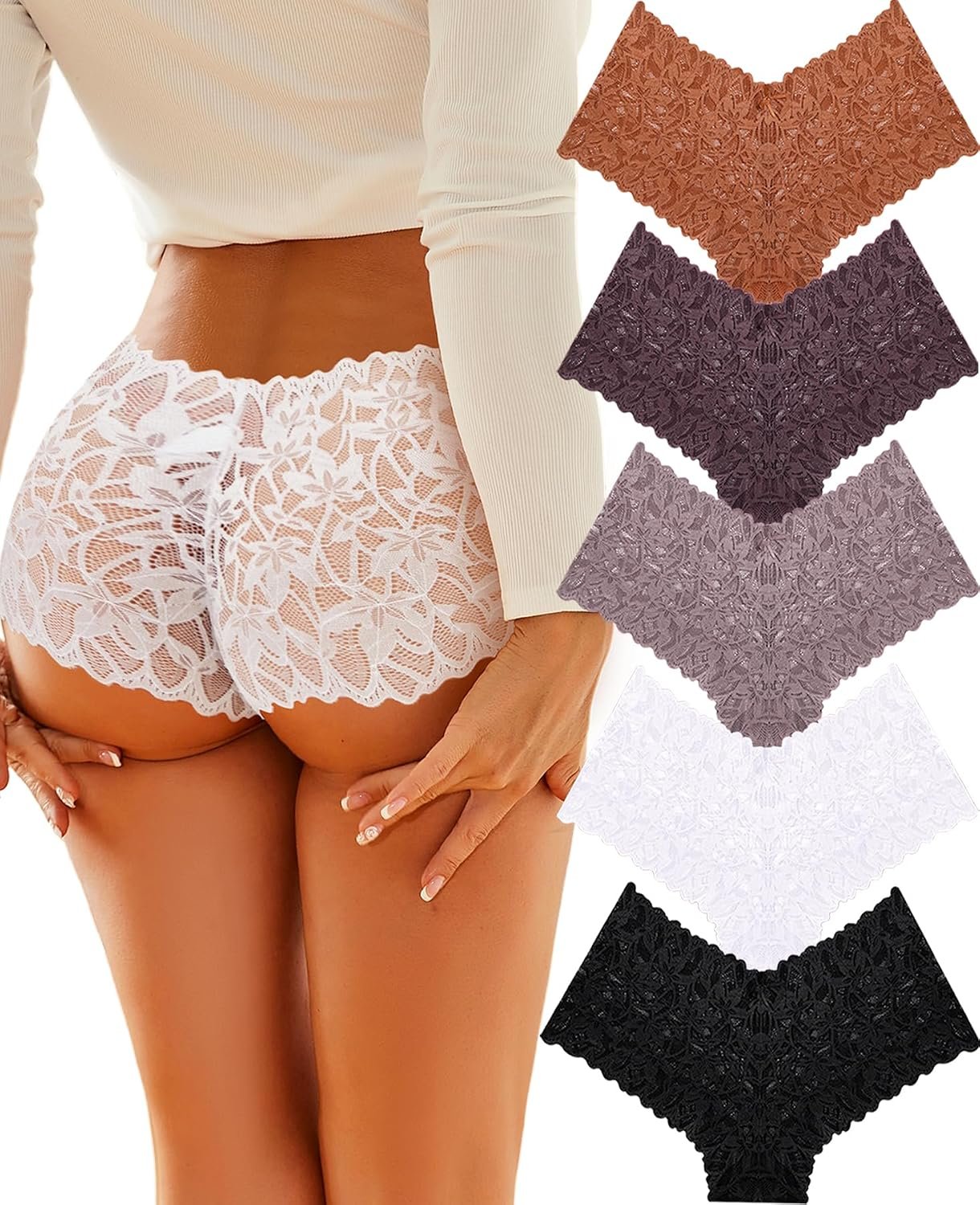 ALL OF SHE Sexy Underwear Panties for Women Cheeky V Waist Lace Boyshorts Lingerie Plus Size Underwear Gift Wife Women 5 Pack