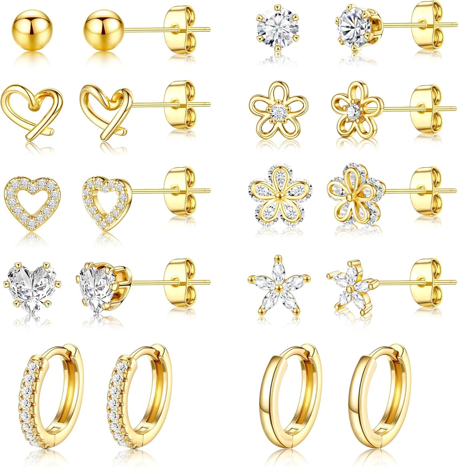 Small Gold Stud Earrings Set for Women – 14K Gold Plated CZ Huggie Hoops Hypoallergenic Earrings Dainty Flower Heart Stud Earrings for Jewelry Gift