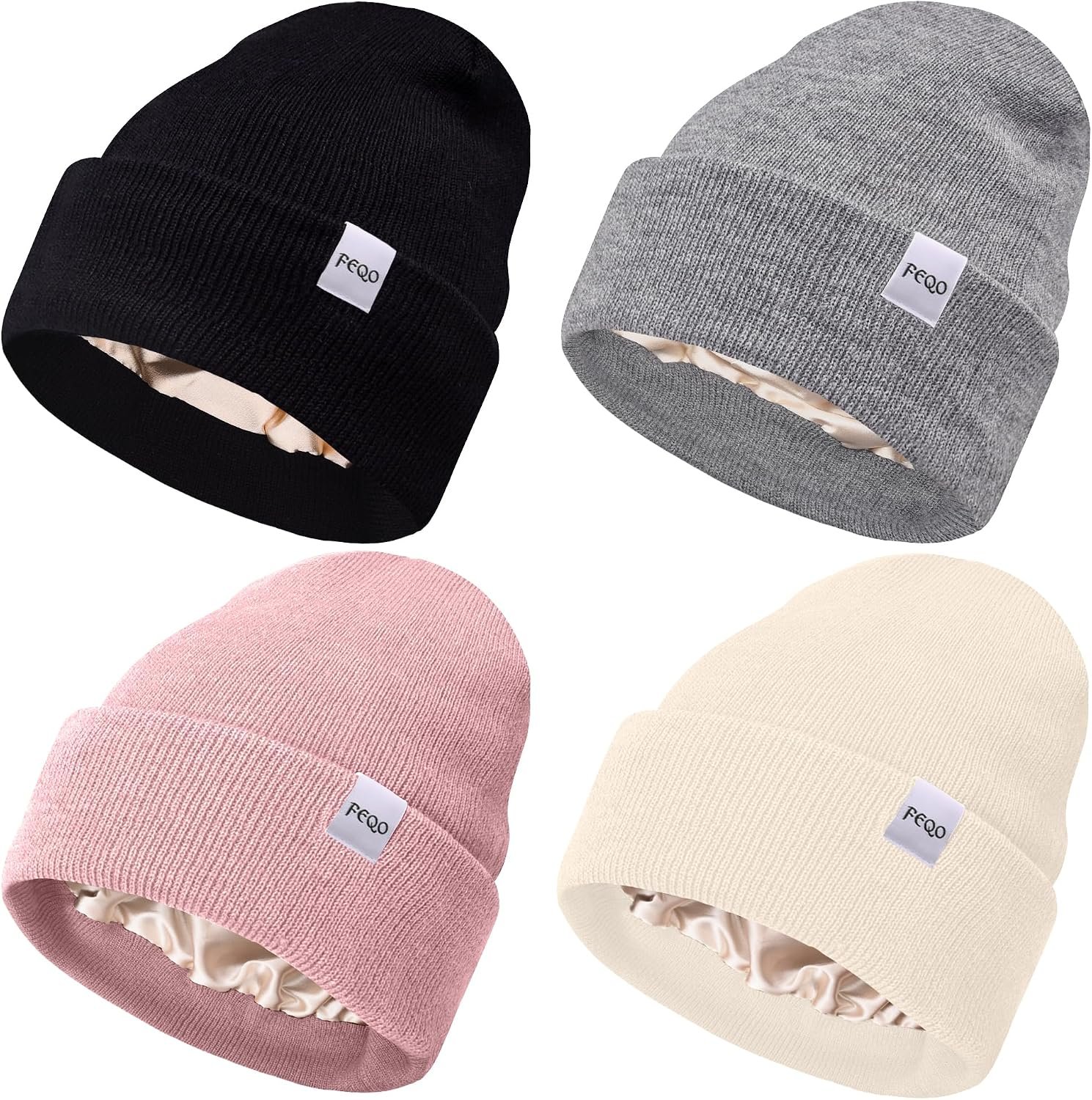 FEQO 4 Pack Satin Lined Beanie Hats Soft Silk Lined Beanies Knit Warm Cuffed Hats for Women Men