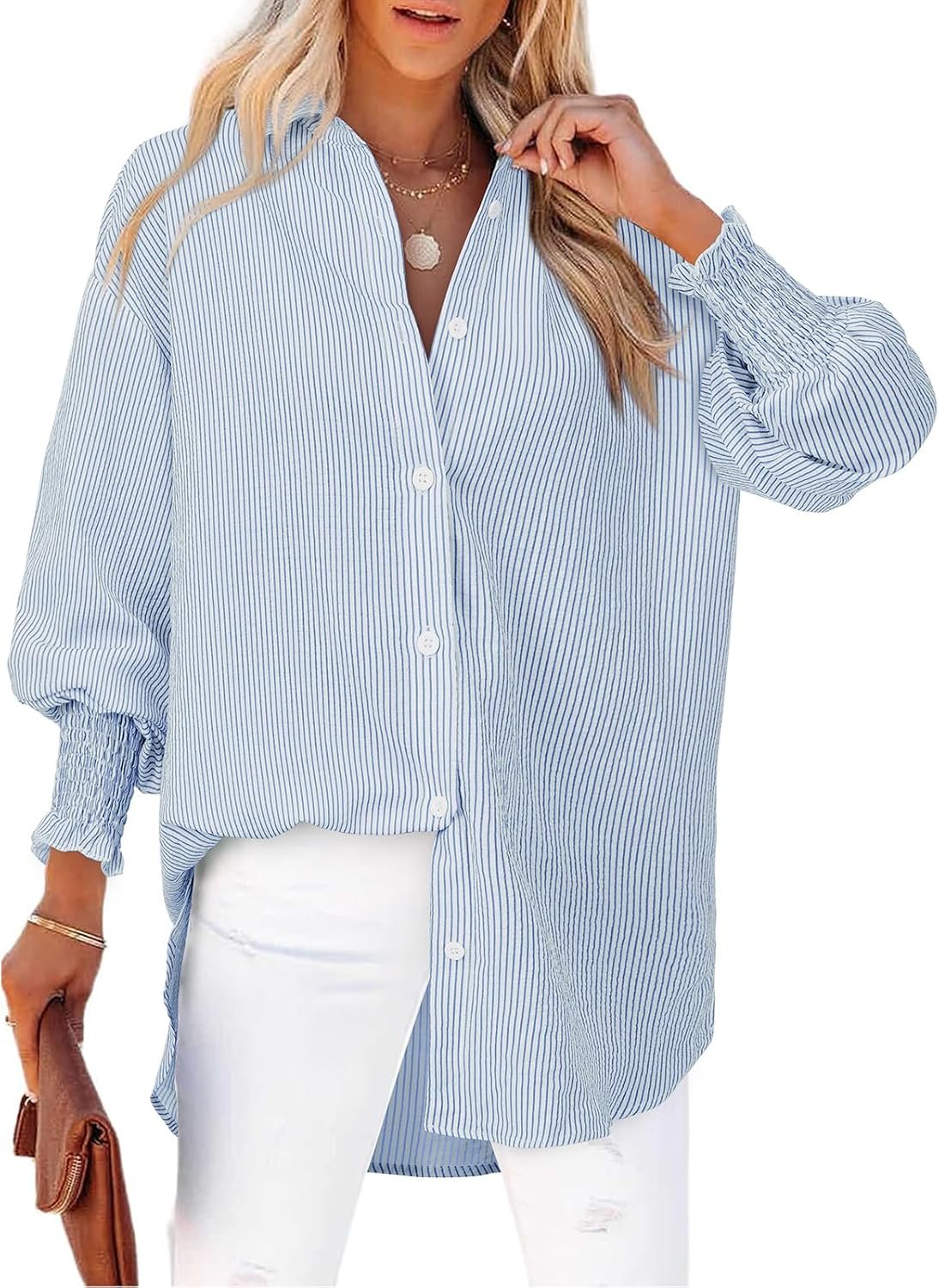Women’s Striped Button Down Shirts Long Sleeve Smocked Cuffed Oversized Boyfriend Blouses Collared Work No Pockets Tops