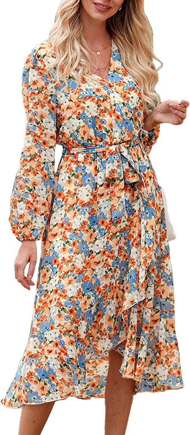 PRETTYGARDEN Women’s Floral Boho Dress Fall Long Sleeve Wrap V Neck Ruffle Flowy Maxi Spring Wedding Guest Vacation Dresses
