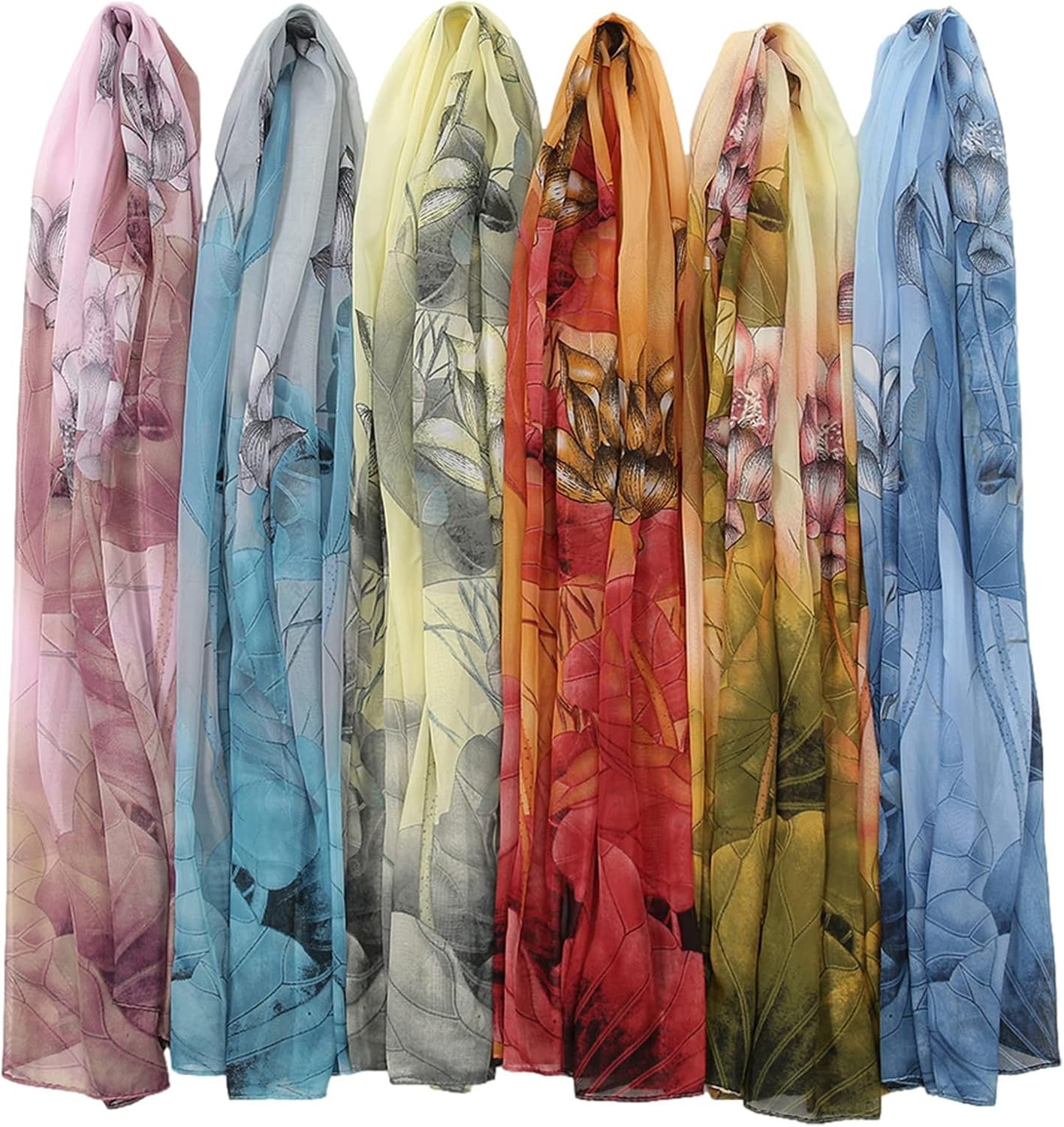 amokk 6 Packs Fashion Scarves for Women Lightweight Chiffon Scarfs for Women Summer Shawl Warp Floral Head Scarf