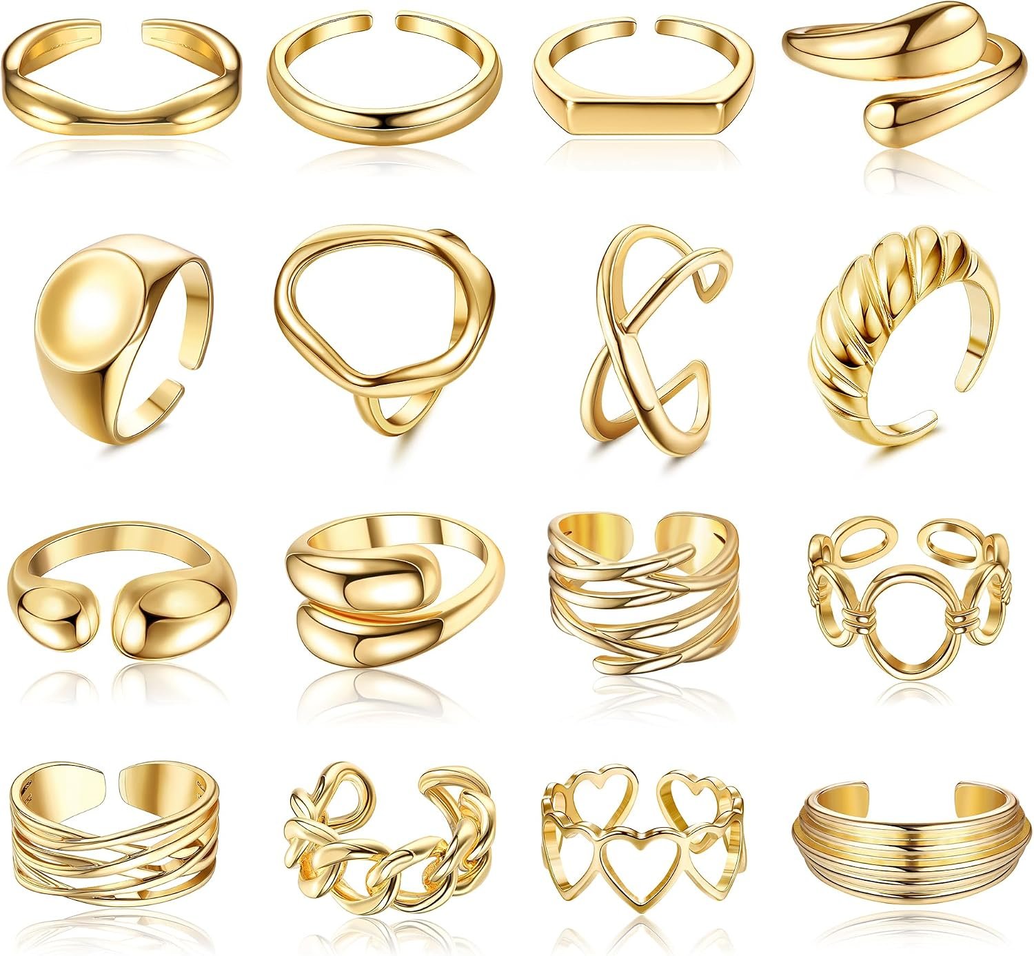 16 Pcs Chunky Rings Set for Women Non Tarnish 18K Gold Plated Chunky Rings Adjustable Stackable Thick Dome Ring Pack