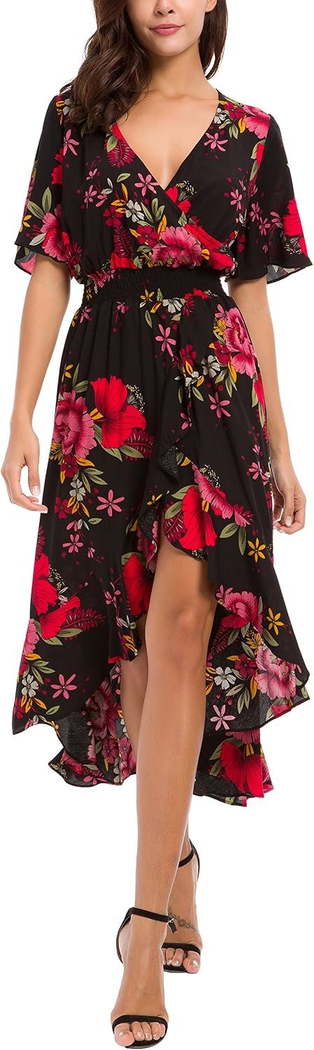 Kormei Womens Short Sleeve Floral Maxi Dress High Low V-Neck Flowy Party Long Dresses