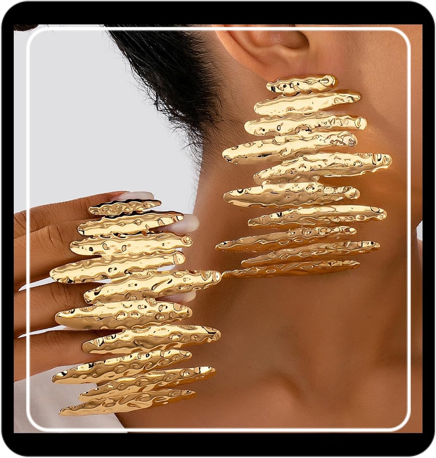 Oversized Gold Statement Earrings, Metallic Wave Design, Fashion Accessory
