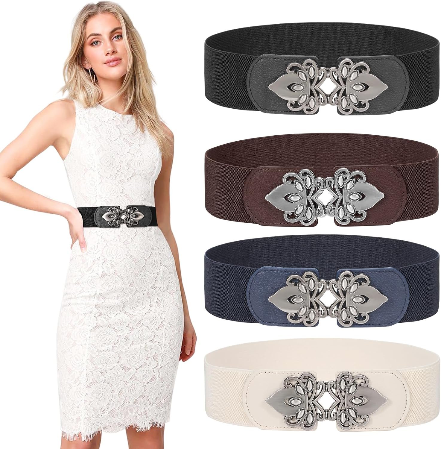 LEACOOLKEY 4 Pack Women Wide Elastic Waist Belt for Dress Plus Size Vintage Stretch Belt Retro Buckle 2.36″ Width
