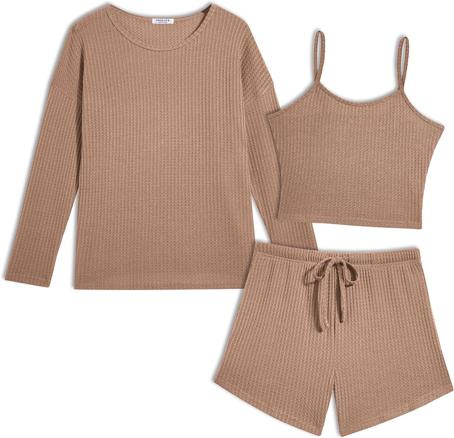 Ekouaer Womens Crop Cami 3 Piece Waffle Knit Lounge Set, Summer Pajama Sets with Long Sleeve Top & Drawstring Shorts