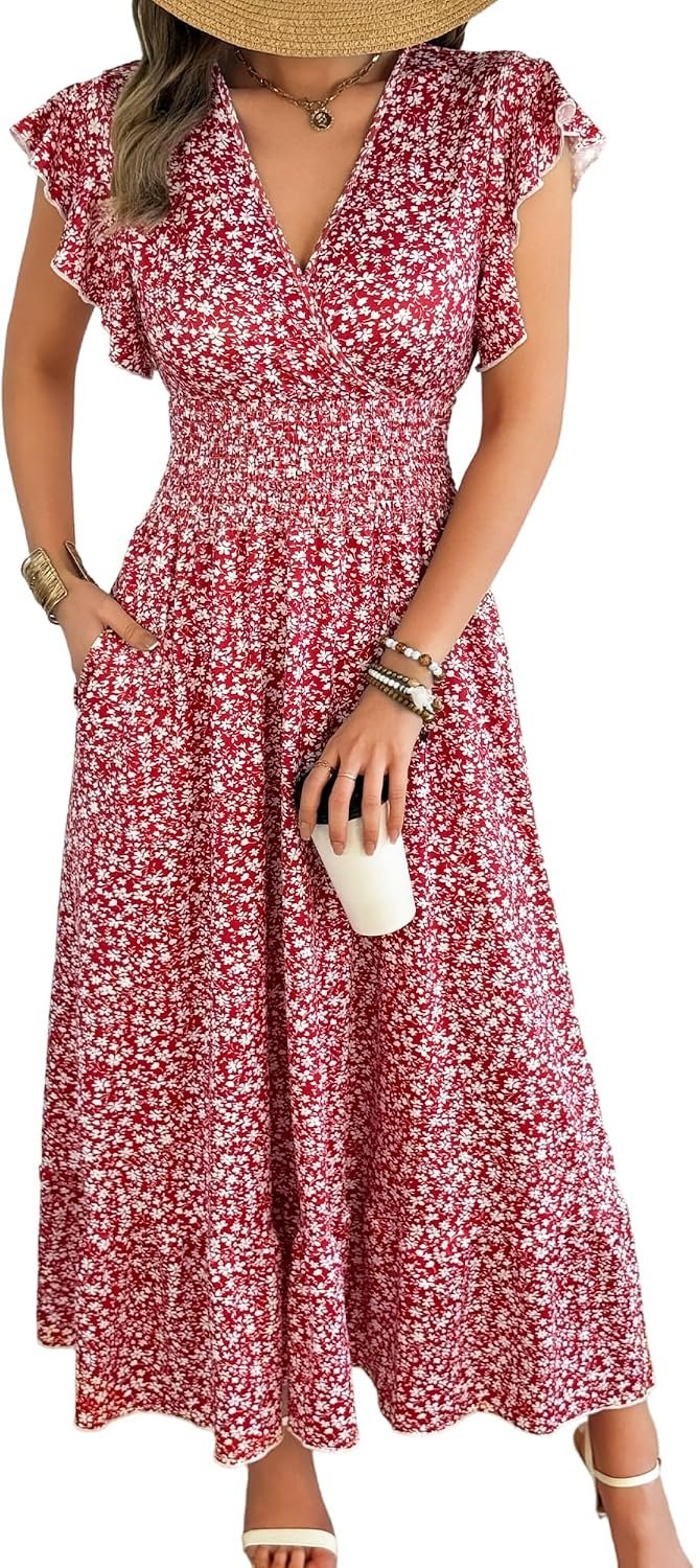 Women’s Maxi Floral Dress – Flutter Short Sleeve Wrap V-Neck Flowing A-Line Summer Dress with Smocked Waist and Pocket