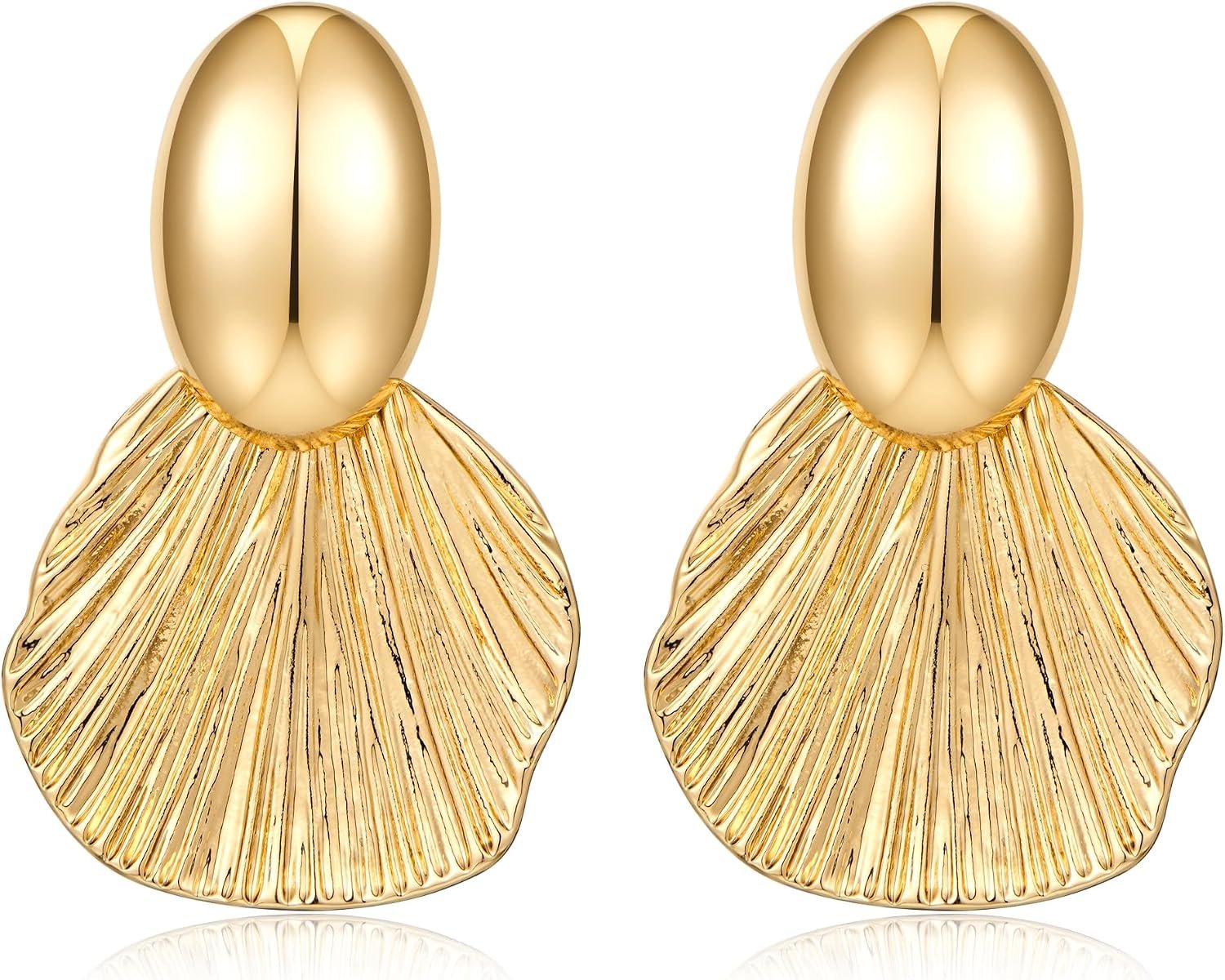 Gold Plated Earrings Dangle Chunky Fan-shaped Earrings Shell Earring for Women Two-Tone Fashion Statement Jewelry