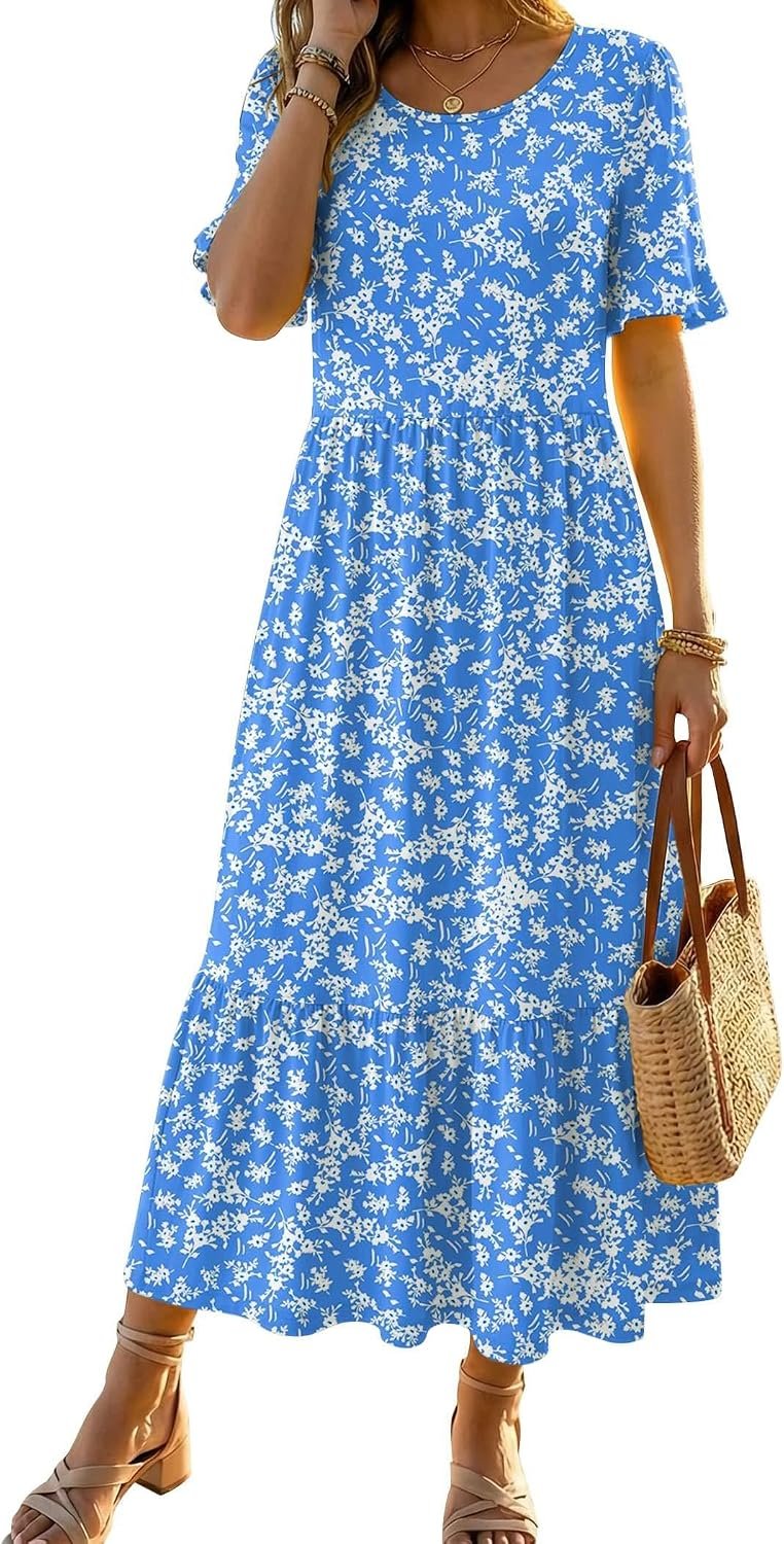 Zeagoo Womens Summer Dresses 2026 Casual Midi Dress Flowy Sundress Ruffle Short Sleeve Tiered Dresses A Line Boho Dress