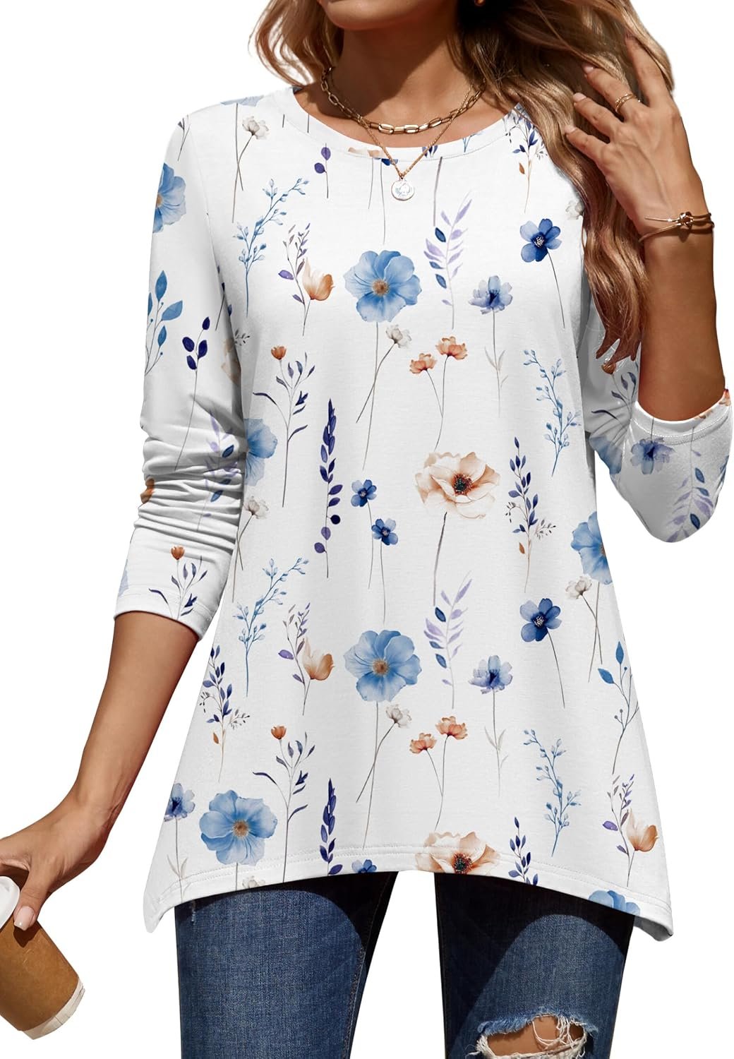 Zeagoo Long Sleeve Tops for Women Dressy Casual Sweatshirt Flowy Tunic with Asymmetrical Hem Crewneck Fall Clothes