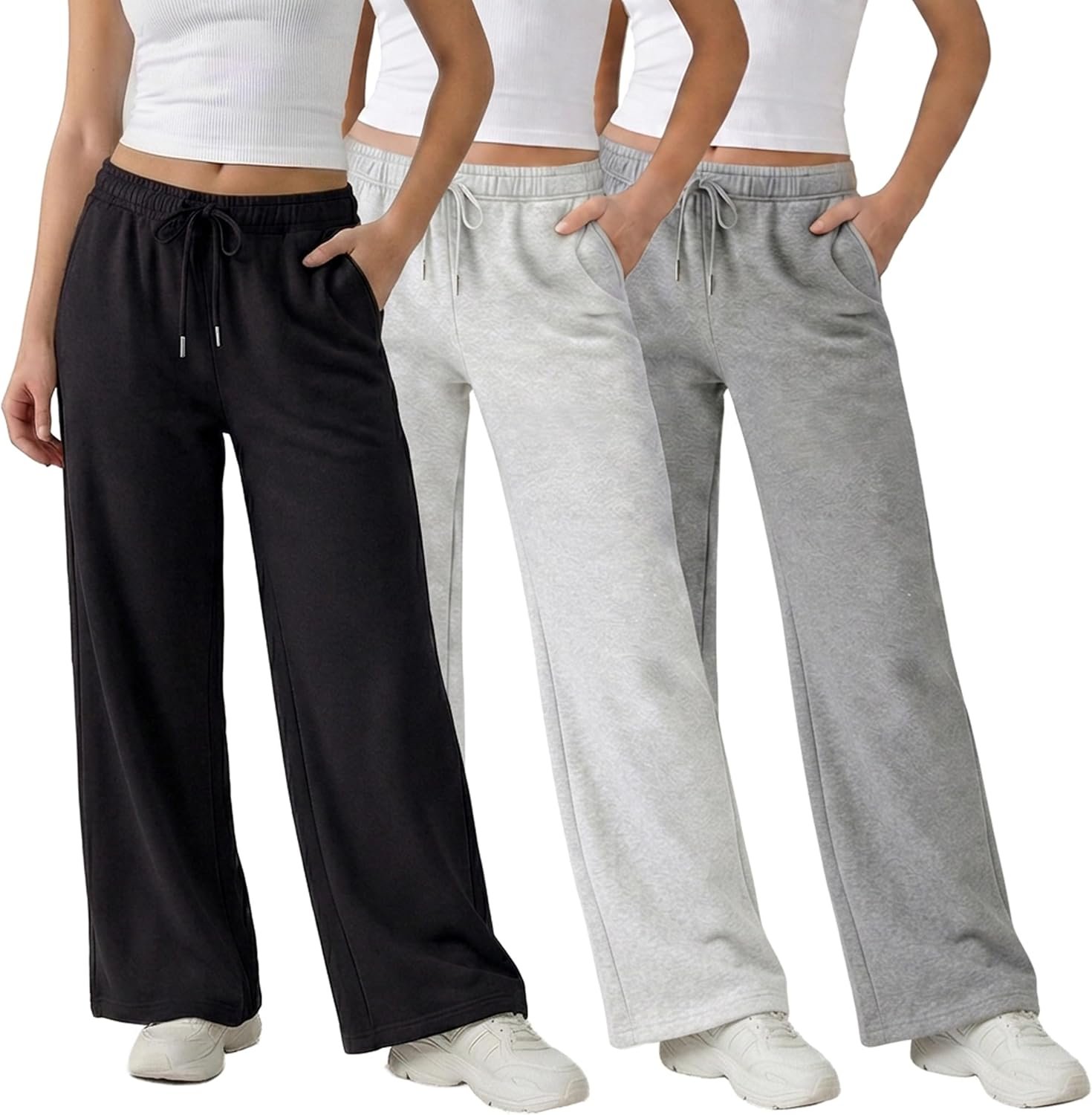 Common Stitch 3 Pack Wide Leg Fleece Lounge Sweatpants for Women — Deep Pockets, Relaxed Fit, Elastic Drawstring Waist