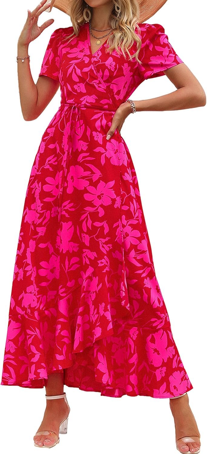 PRETTYGARDEN Women’s Boho Floral Maxi Dress Summer Short Sleeve Wrap V Neck Long Flowy Beach Vacation Wedding Guest Dresses