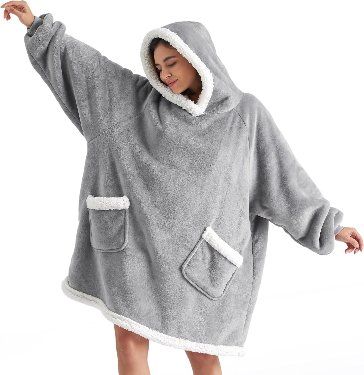 Bedsure Blanket Hoodie, Wearable Blanket Hoodie as Gifts for Mom, Birthday Gifts for Women Kids Teens Mother’s Day Sherpa Sweatshirt, Grey, Standard