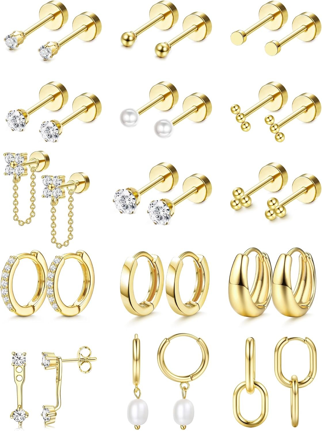 LOLIAS Flat Back Earrings for Women Hypoallergenic Surgical Steel Earrings for Sensitive Ears-20G Cartilage Earring Stacks 14K Gold Plated Hoops Flatback Stud Earring Sets for Multiple Piercing