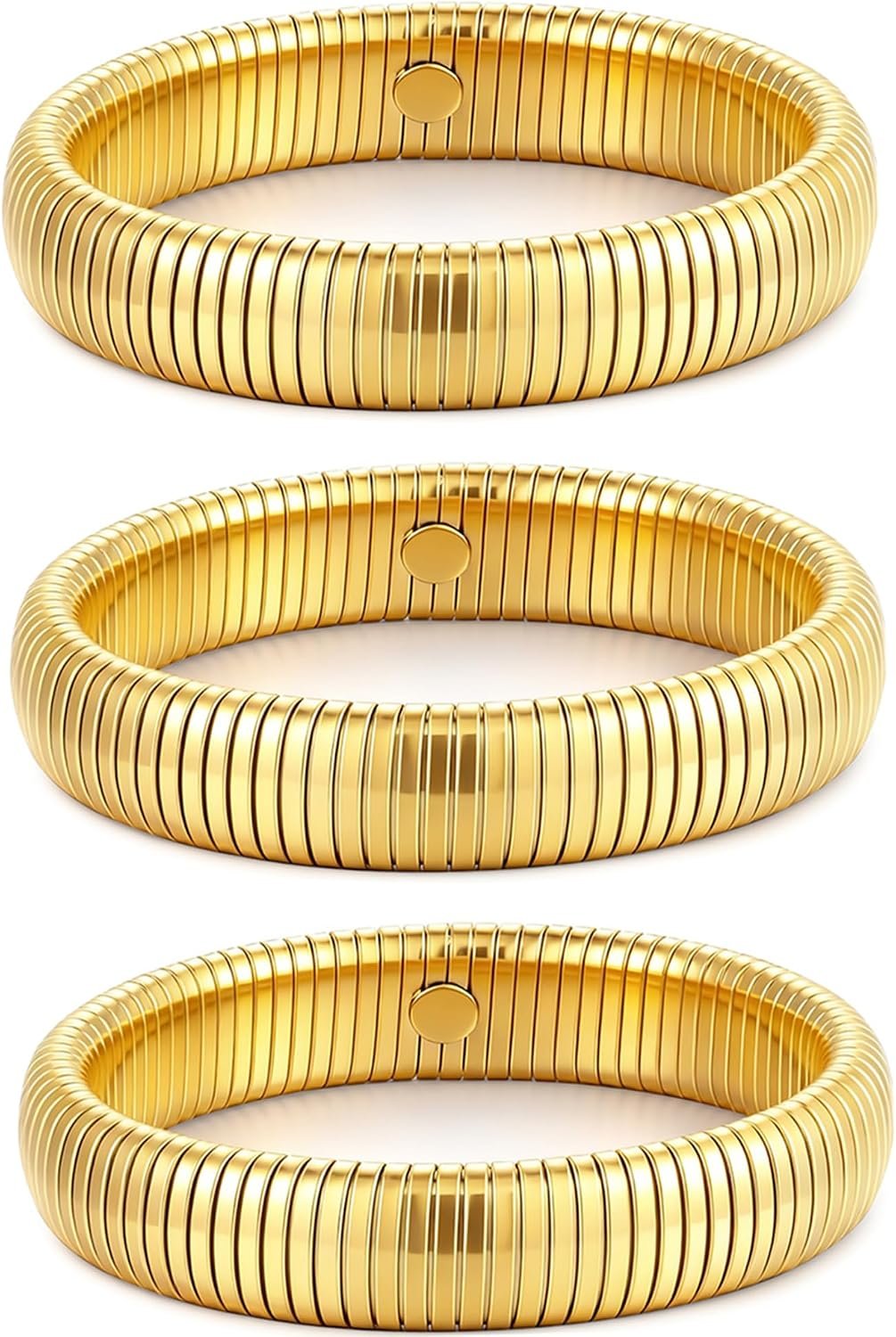 Gold Bangles for Women Set of 3 Chunky Stretch Bangles Bracelets 24K Gold Plated Stainless Steel Bracelets Flexible Wide Stack Bracelets Designer Look Alike Jewelry for Women