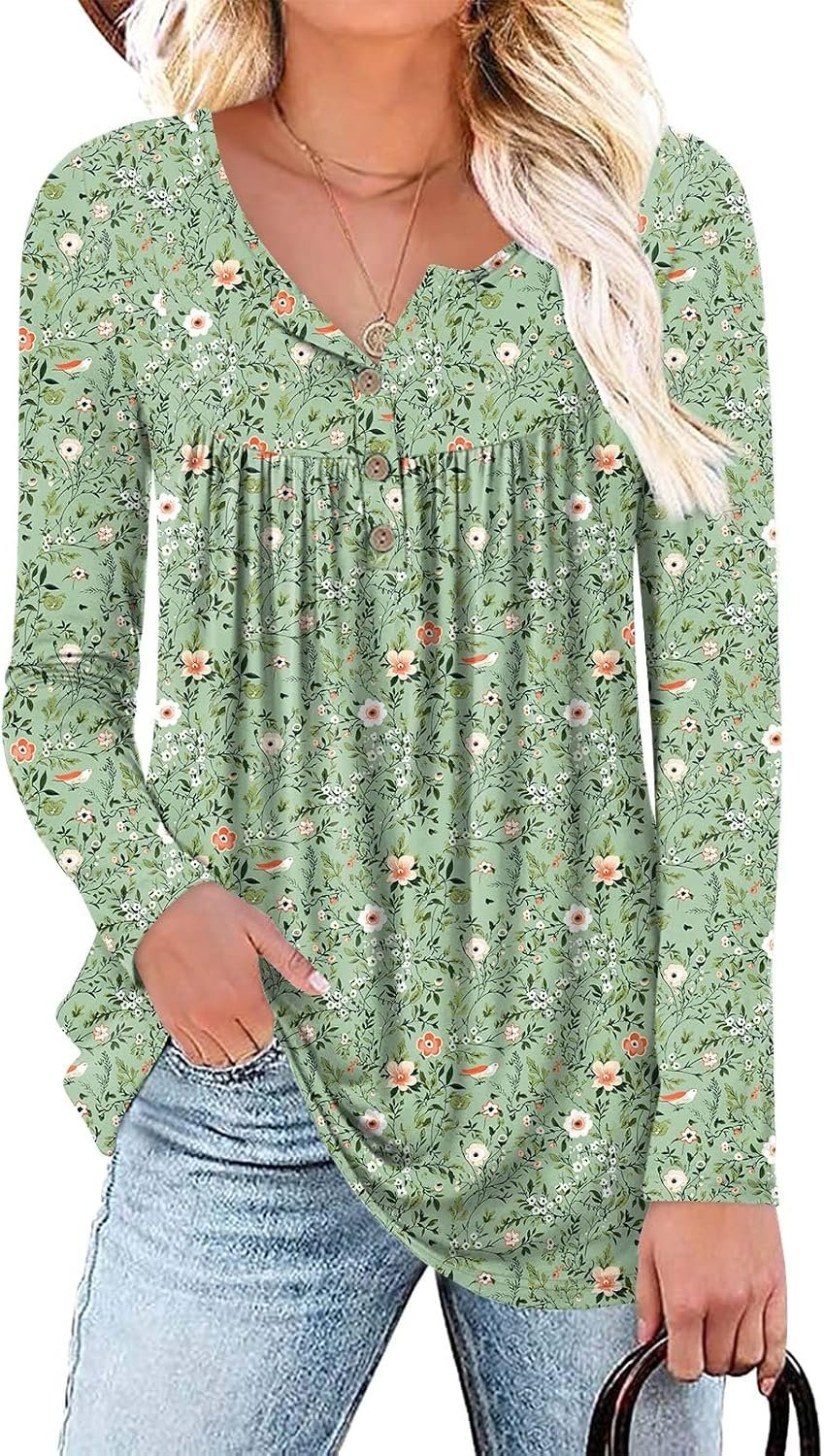 Aodemo Women’s Fall Long Sleeve Tunic Tops Henley Shirts Button Down Blouses