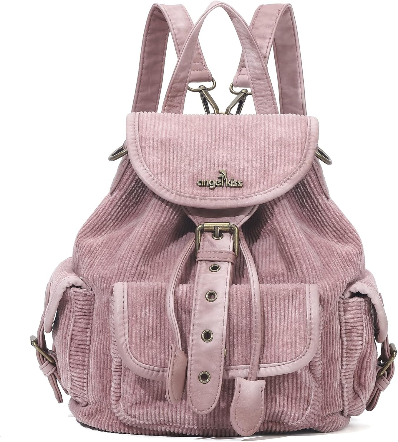 Angel Kiss Small Corduroy Backpack Purse for Women, 3-in-1 Convertible Shoulder Bag with Detachable Straps, Vintage Multi-Pocket Mini Daypack with Vegan Leather Trim for Travel & Everyday