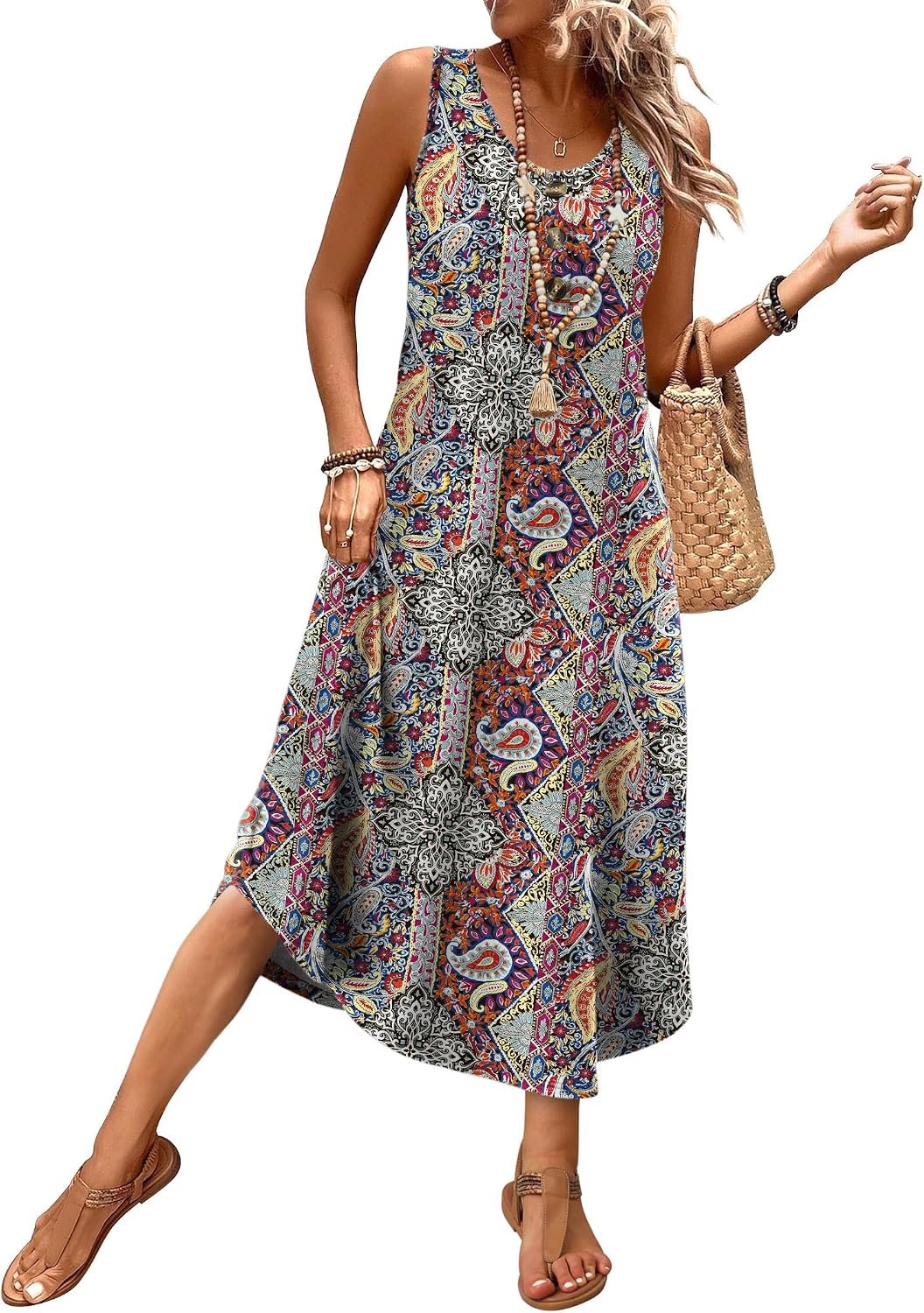 WIHOLL Summer Dresses for Women 2026 Button Front Sleeveless Casual Midi Dress Beach Vacation Sundresses with Pockets