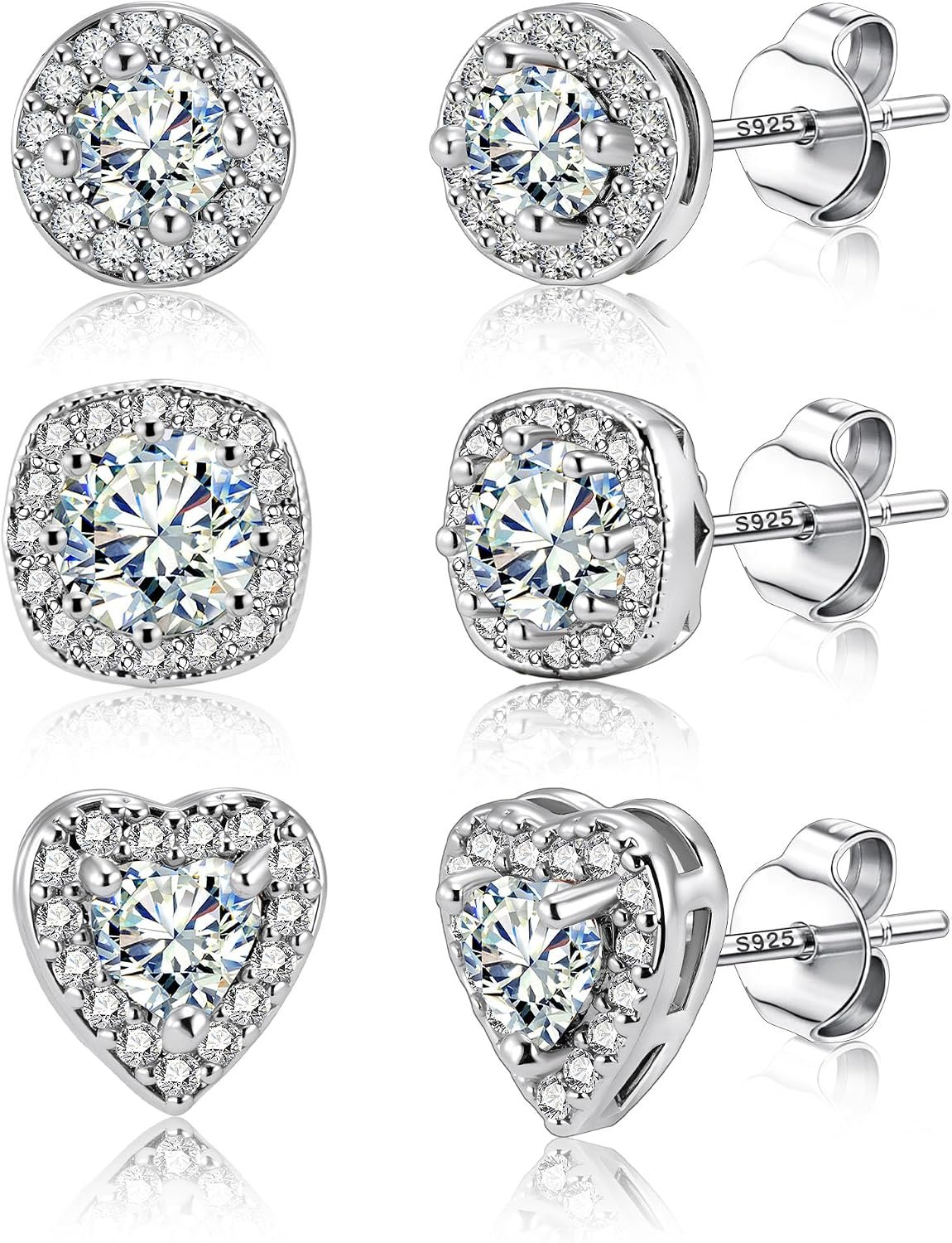 ALEXCRAFT Silver Stud Earrings for Women Hypoallergenic Cubic Zirconia Halo Round Heart Square Diamond Large Silver Stud Set Earring