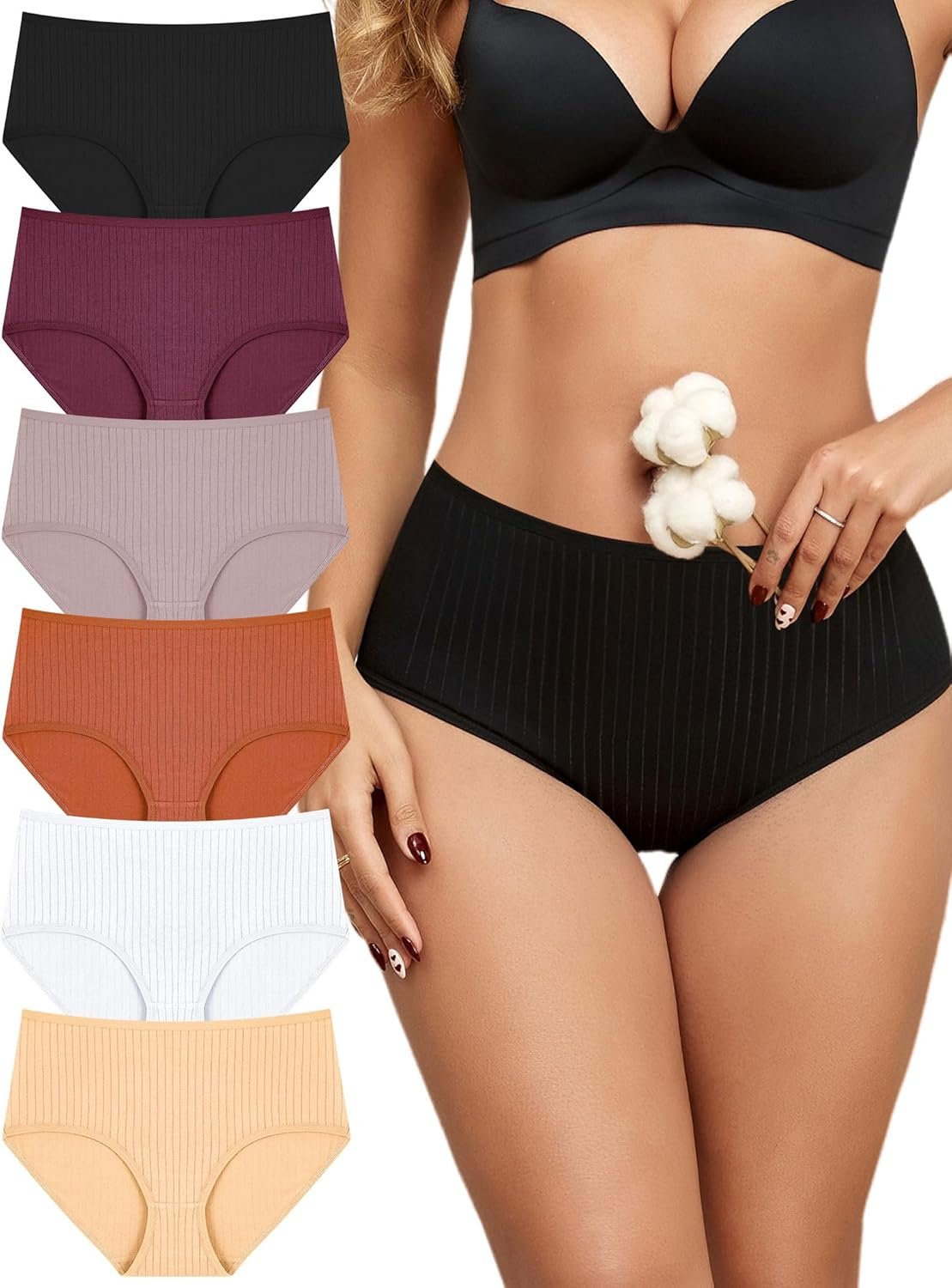 FINETOO Cotton Underwear for Women High Waisted Ribbed Full Coverage Briefs Soft Breathable Moisture Wicking Panties 6 Pack