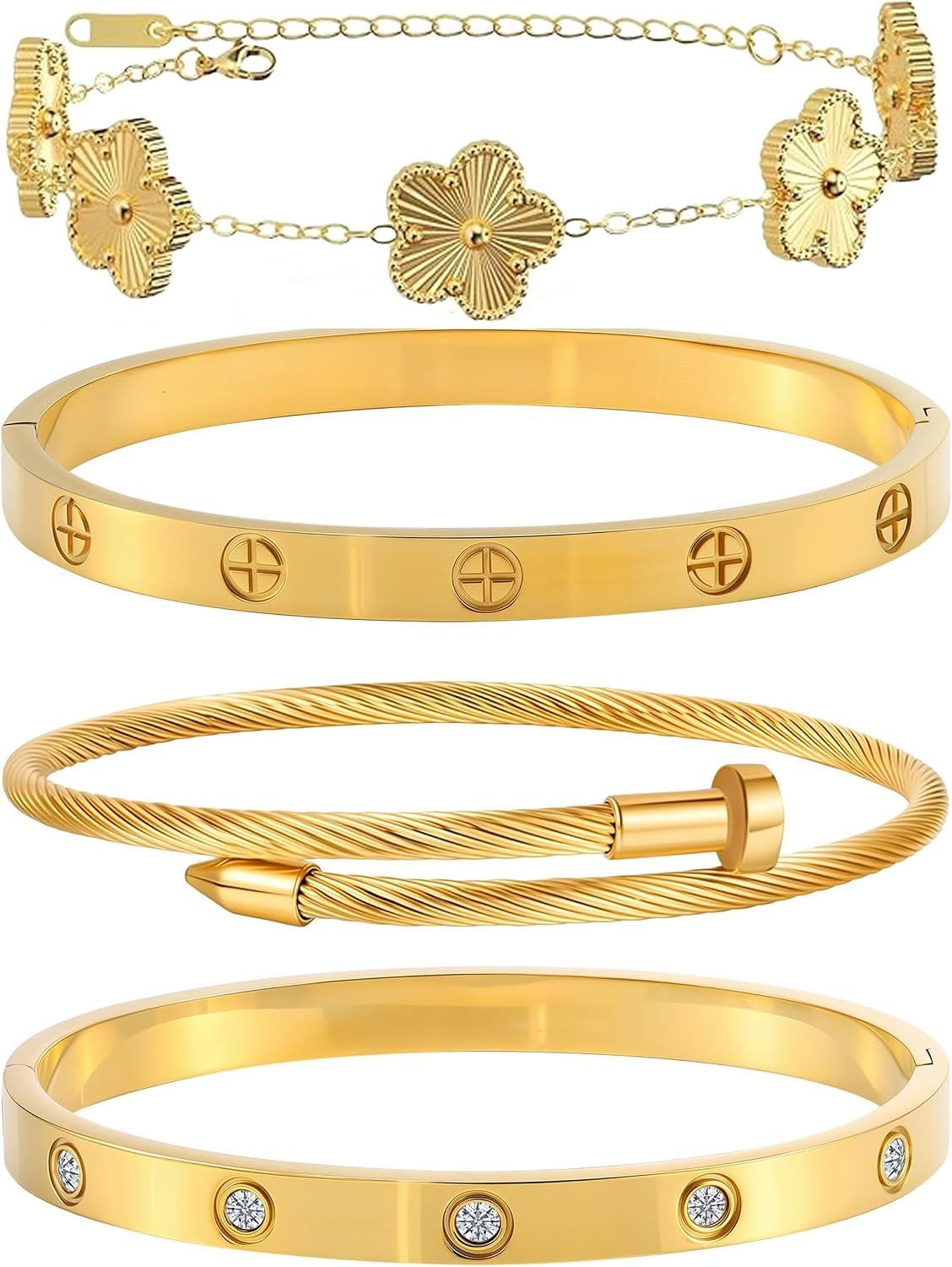 Womens Stackable Floral Gold Bracelets – 4Pcs 18K Gold Plated Bracelet,Stainless Steel Bangle Bracelets Non Tarnish, Gold Bracelet Set Trendy Jewelry,Christmas Valentines Birthday Gifts for Girlfriend
