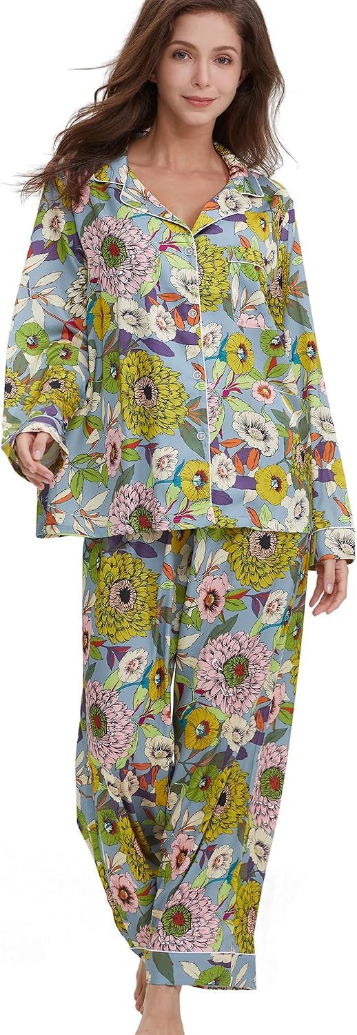 YiNi LuLu Womens Silk Satin Pajamas Set Button Down 2 Piece Pjs Long Sleeve Oversized Sleepwear with Pockets