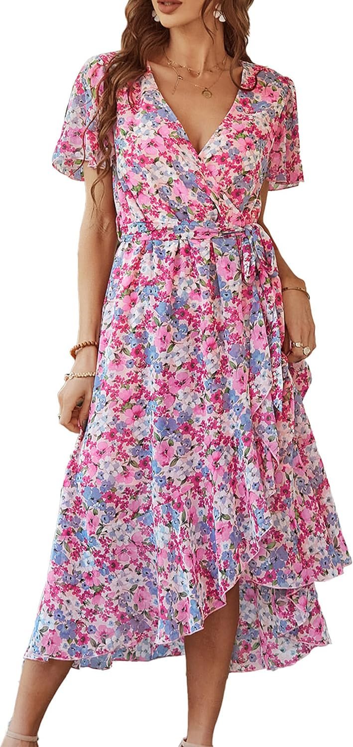 PRETTYGARDEN Women’s Summer Floral Boho Maxi Dress Short Sleeve Wrap V Neck Ruffle Long Flowy Beach Wedding Guest Dresses