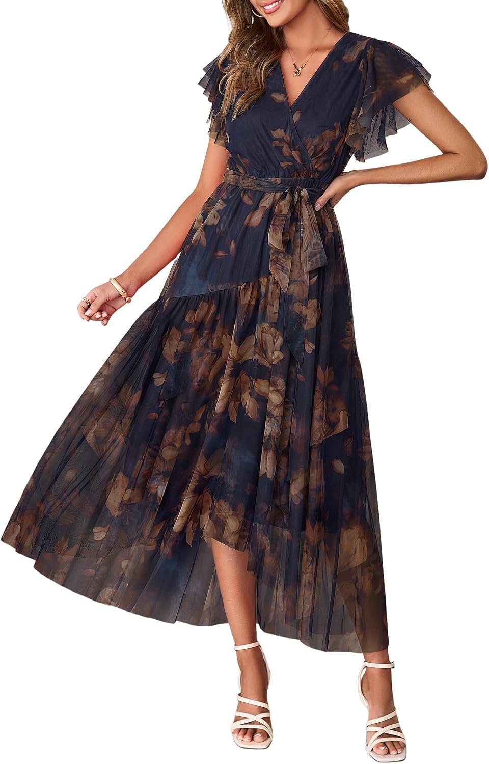 Simplee Womens Summer Floral Maxi Dress 2026 Short Sleeve V Neck Belted Mesh Hem Split Flowy Beach Wedding Guest Dresses