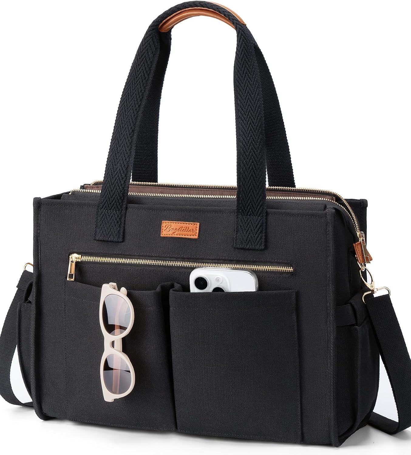 Canvas Tote Bag for Women, 15-Pockets Work Laptop Tote Purse Large Crossbody Nurse Teacher Bible Bag for School Travel Daily | with Strap & Zipper