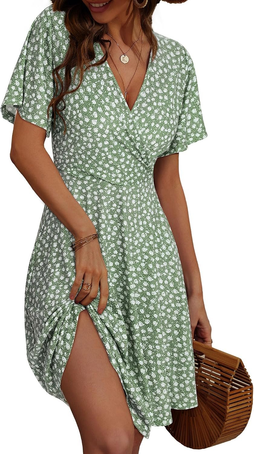 FENSACE Womens Sundress Summer Floral Short Sleeve Wrap V Neck A-Line Midi Dress