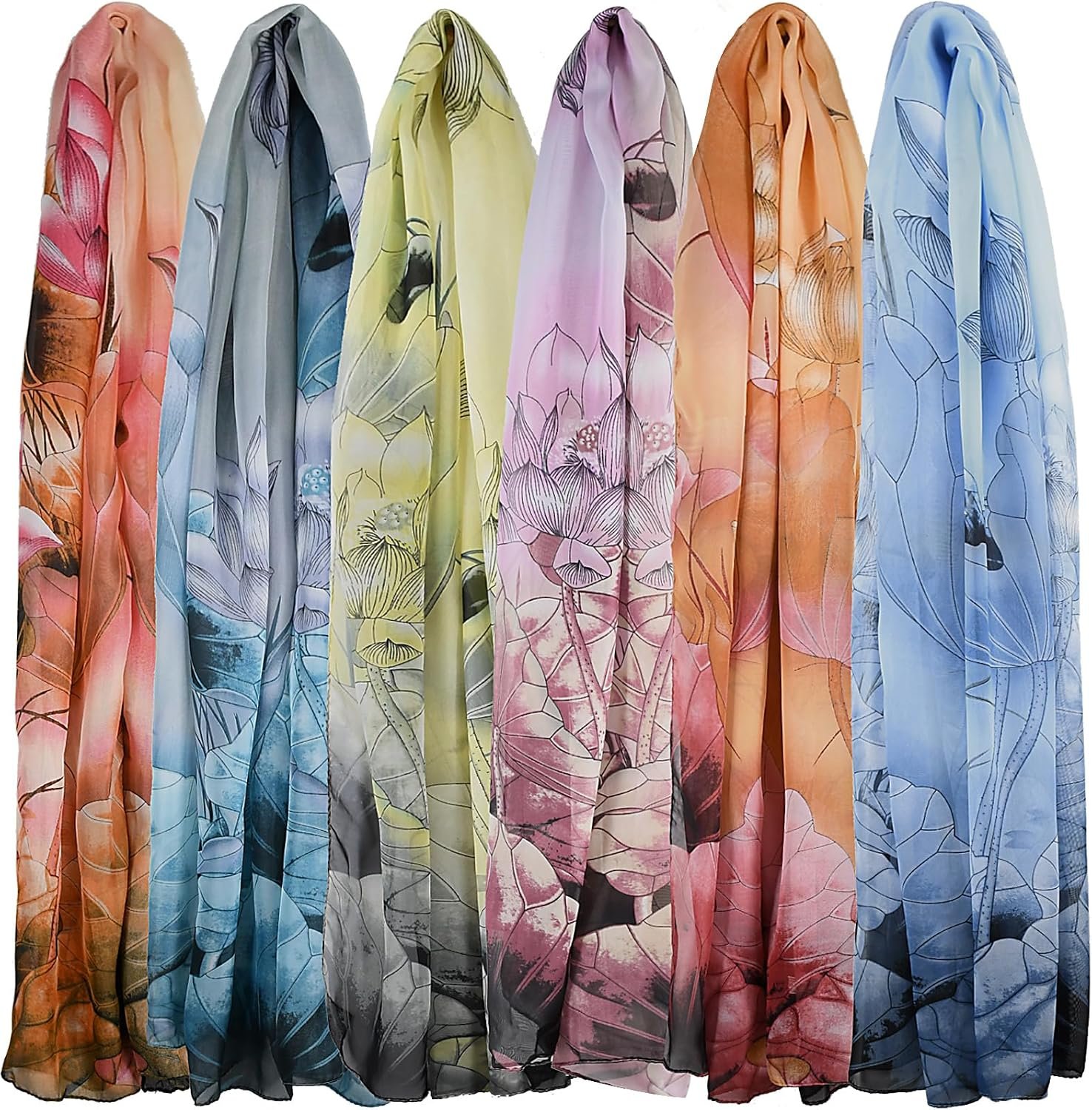 6 Pieces Scarves for Women Ladies Lightweight Silk Gorgeous Floral Pattern Lotus Print Chiffon Scarves